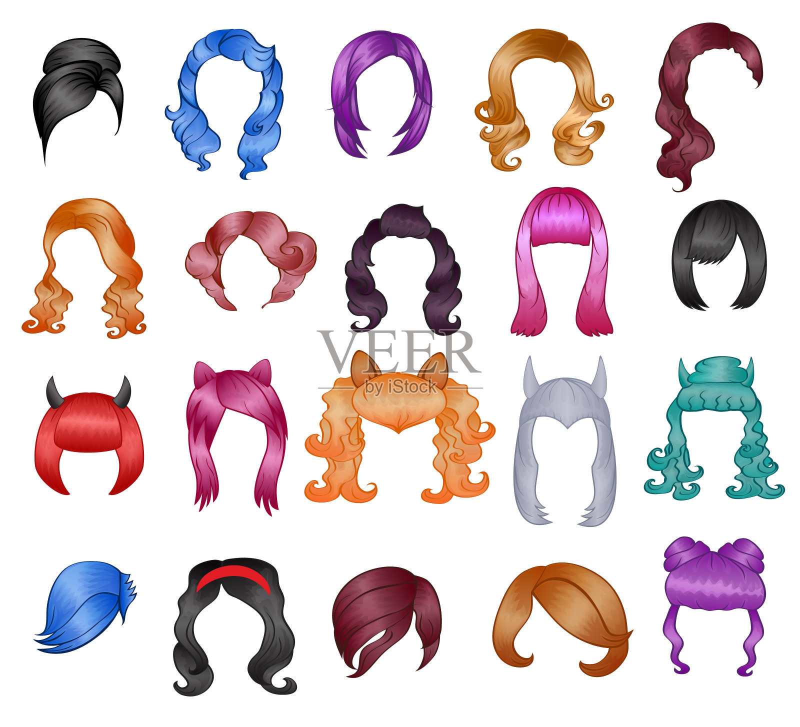 女人的发型假发矢量万圣节理发和女性的假发型或bobwig插图理发或剪发与彩色狂欢节孤立在白色的背景插画图片素材