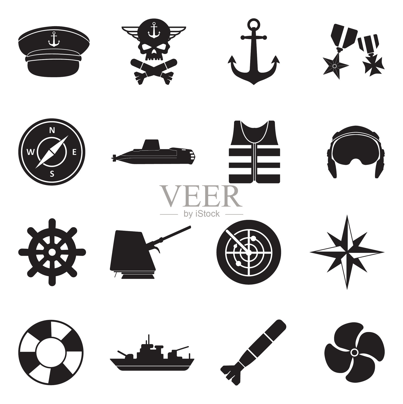 海军图标。黑色的平面设计。矢量插图。插画图片素材