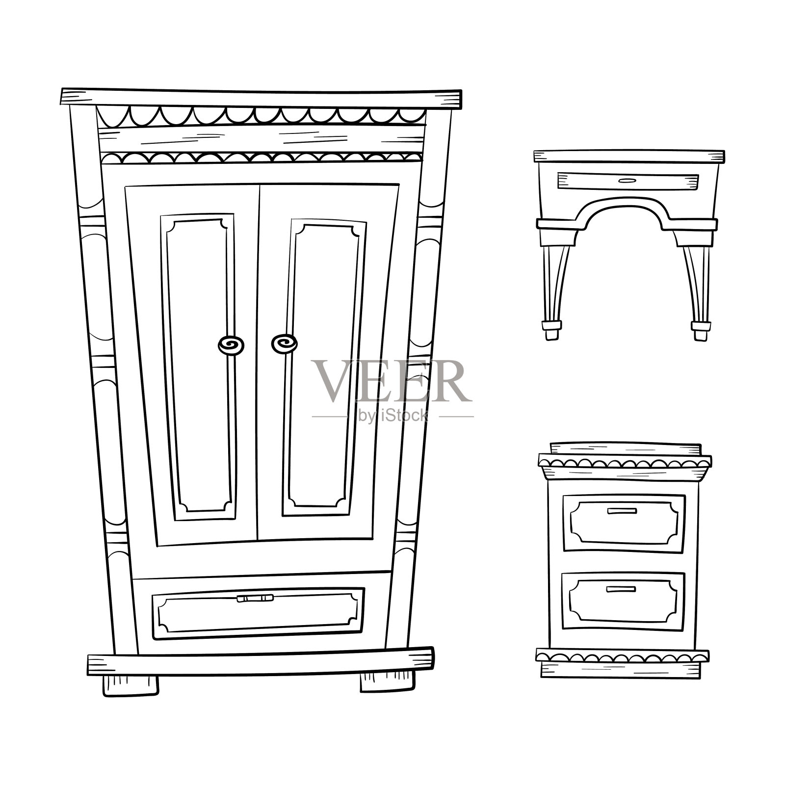 古董家具集衣柜，梳妆台，床头柜孤立在白色上插画图片素材