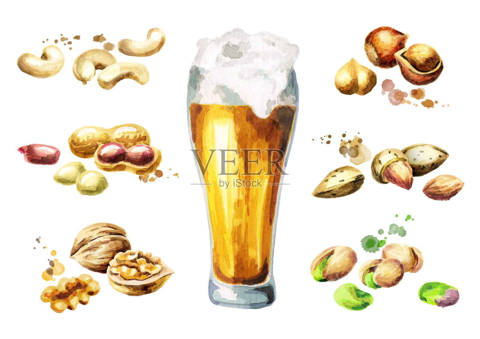啤酒和坚果零食搭配开心果，花生，杏仁，核桃，腰果和榛子。水彩插画图片素材