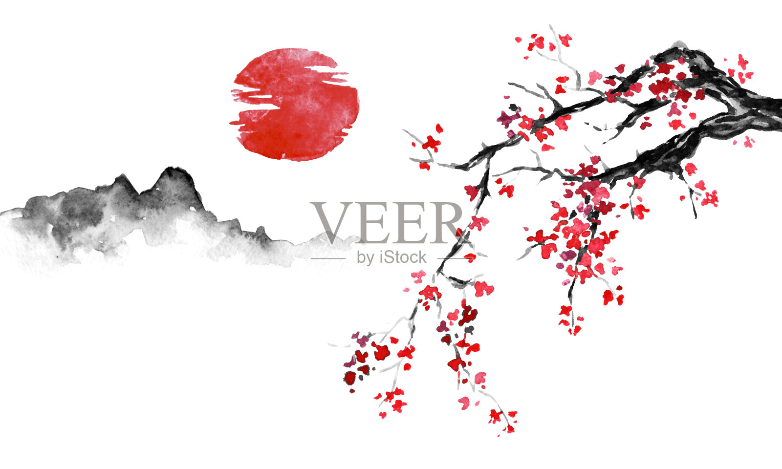 日本传统sumi-e画。墨汁插图。日本的照片。樱花，太阳和山插画图片素材
