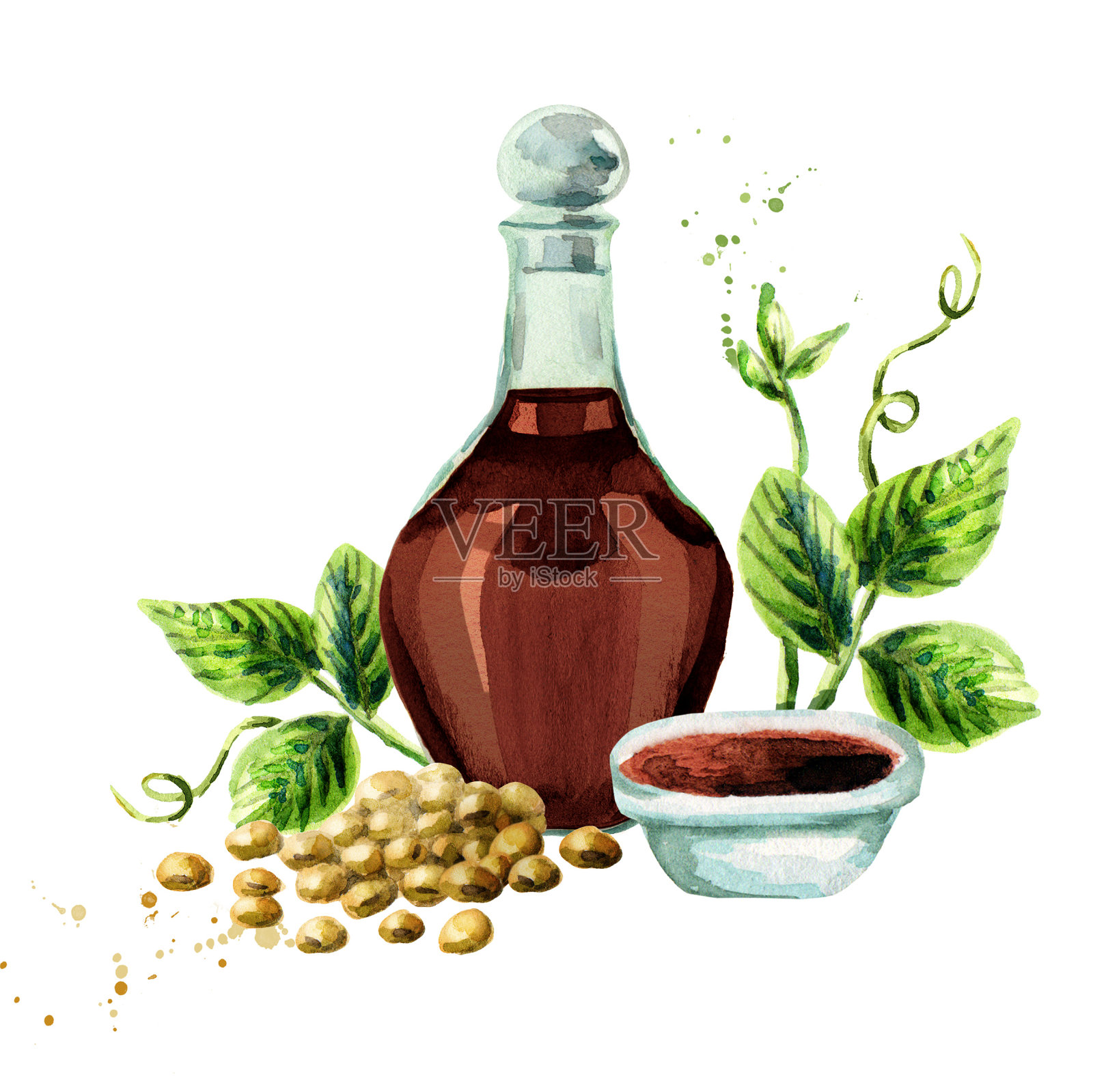 酱油由瓶，碟，豆类和植物组成。水彩手绘插图。设计元素图片