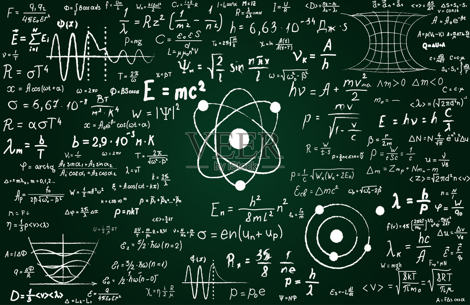 黑板上刻有物理和数学中的科学公式和计算。能说明与量子力学，相对论和任何科学计算相关的科学主题吗插画图片素材
