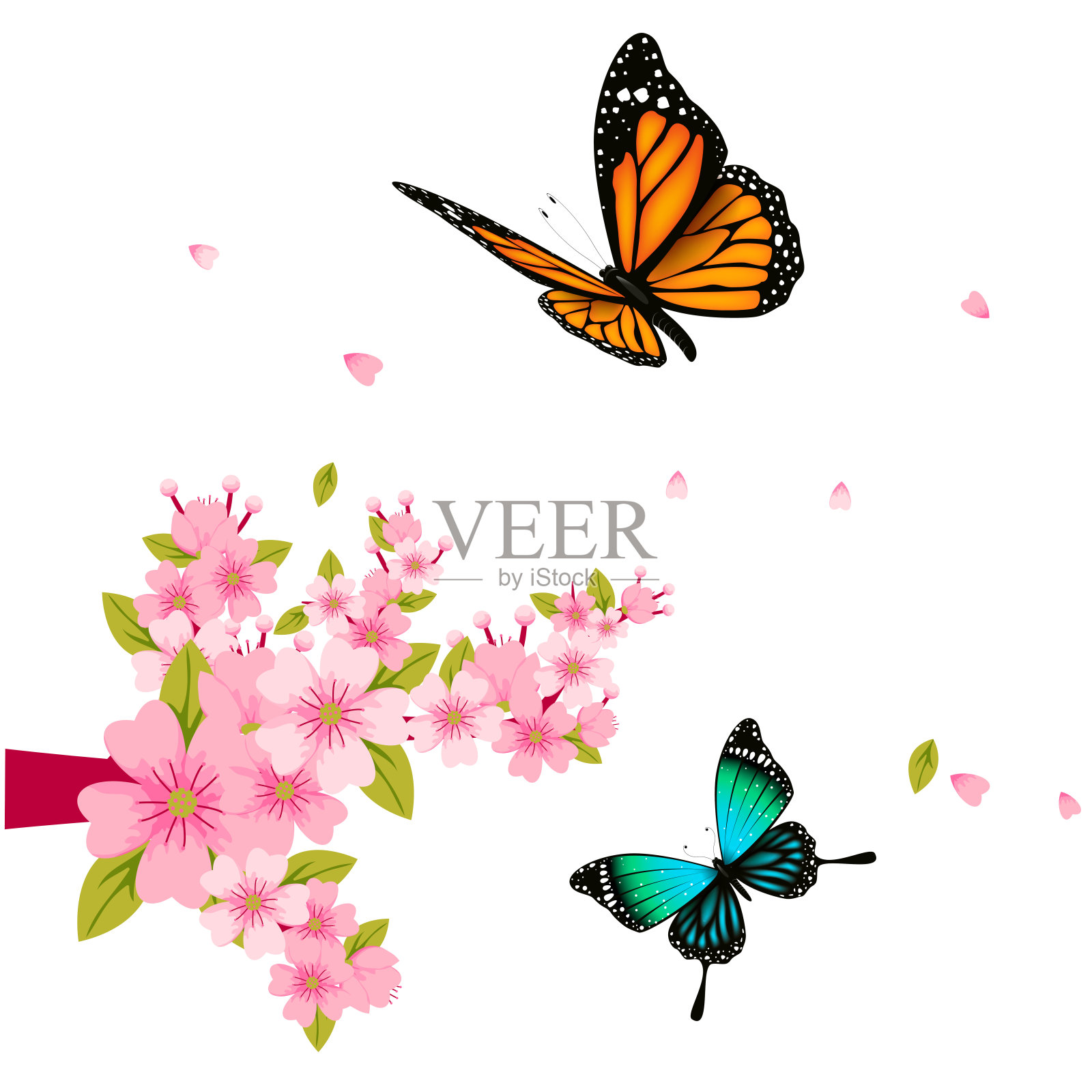 蝴蝶和粉红色的花白色背景向量图像插画图片素材