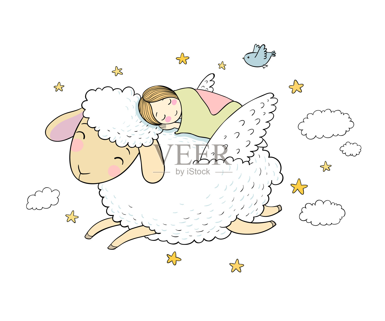 一个熟睡的女孩和一只长着翅膀的羊。晚安，各位。设计元素图片