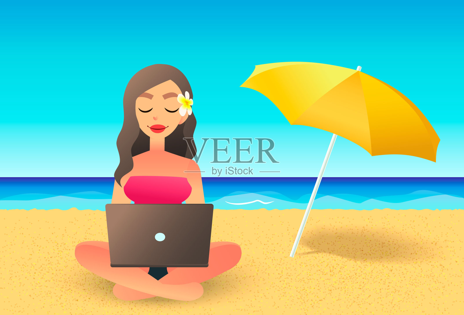 年轻女子在海滩上使用笔记本电脑。自由职业的概念。卡通扁平女孩在海边工作。在假期工作的自由职业者插画图片素材