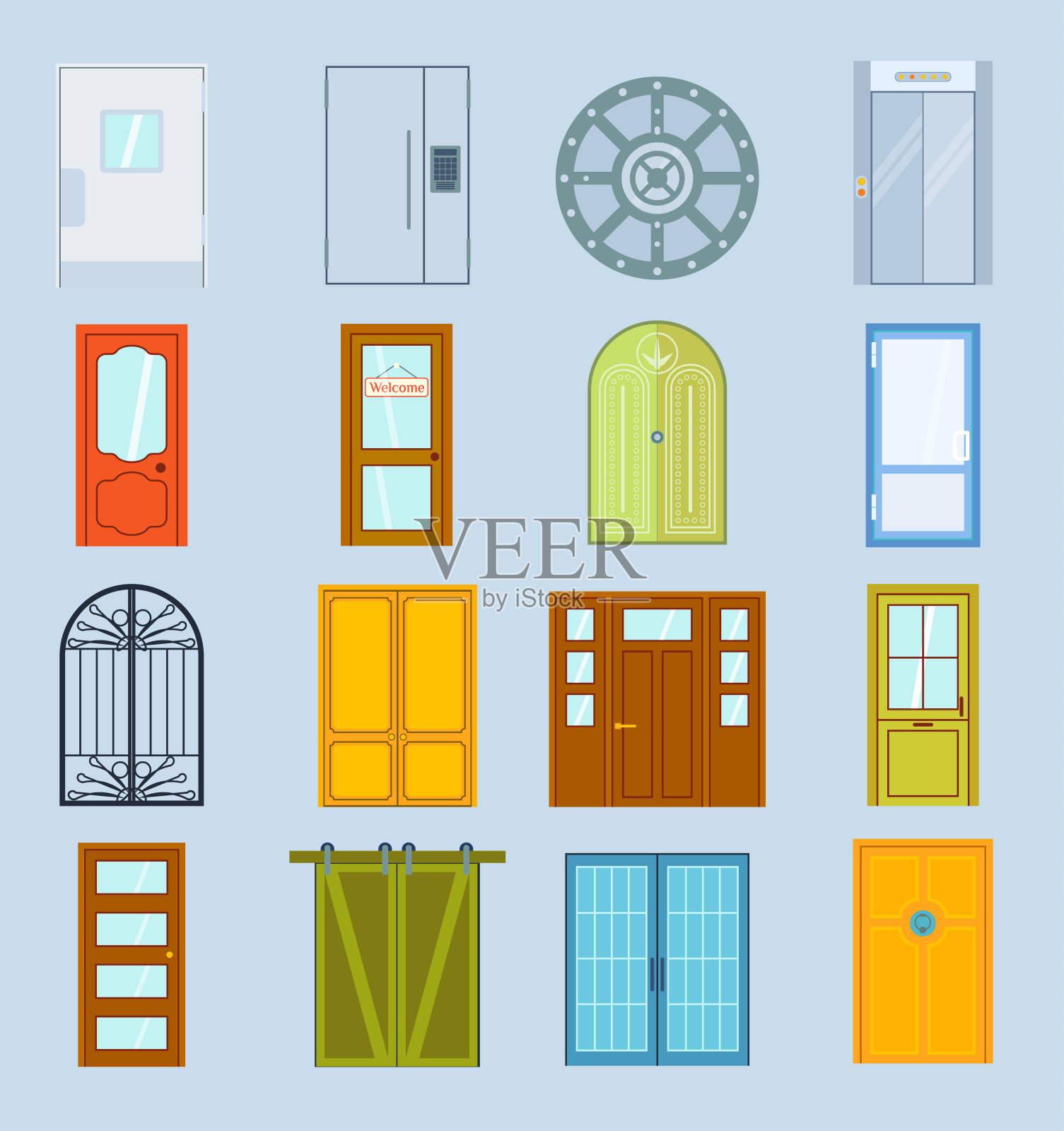 门向量设计家具元素，门口，前门，入口住宅建筑，在平面风格，门阶插图孤立的背景住宅元素设计元素图片
