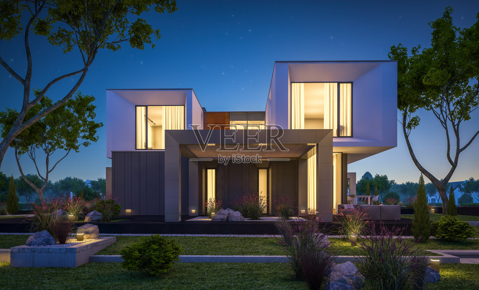 三维渲染现代舒适的房子在花园晚上照片摄影图片