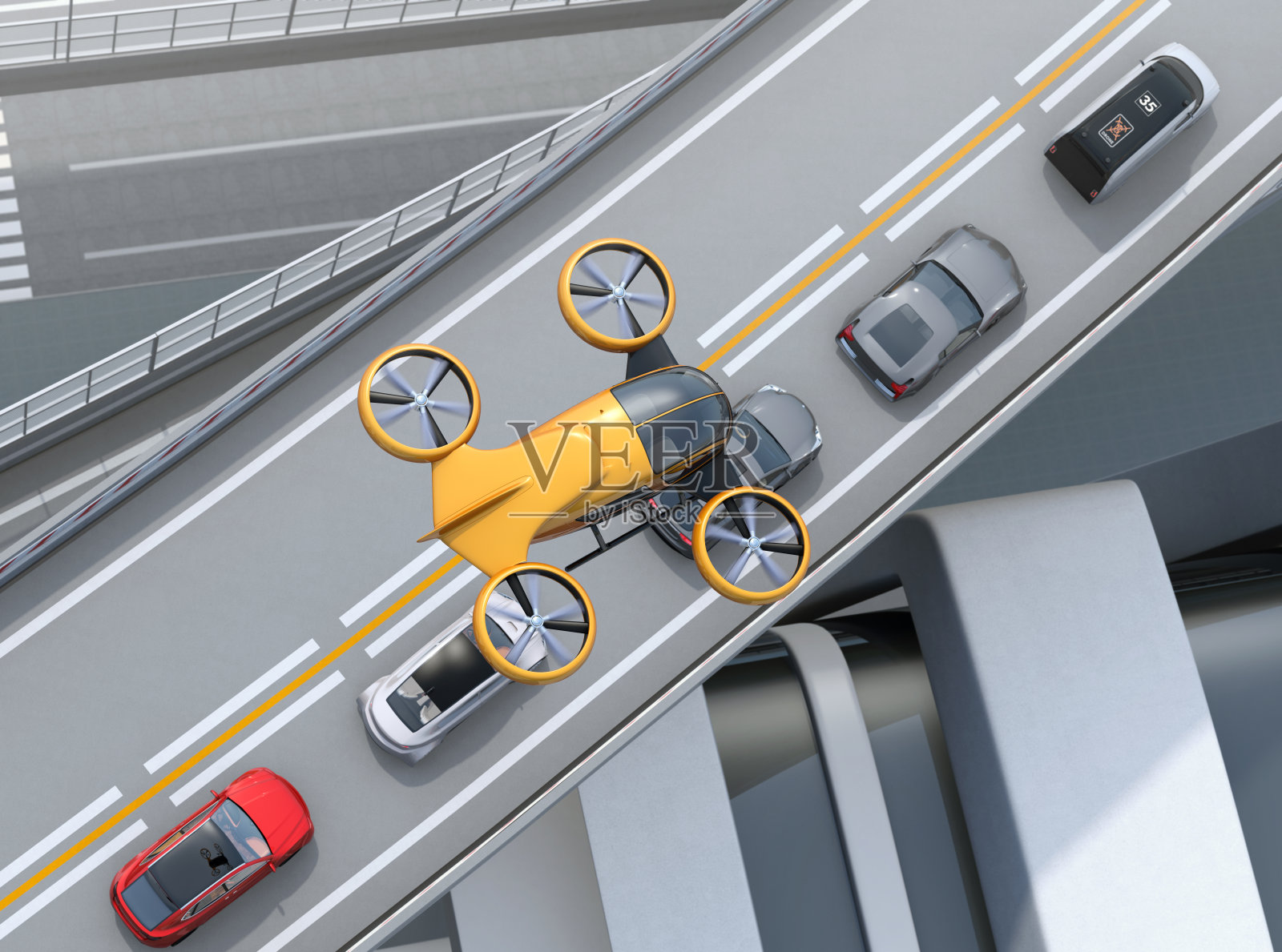 黄色的无人机从交通拥堵的汽车上空飞过照片摄影图片