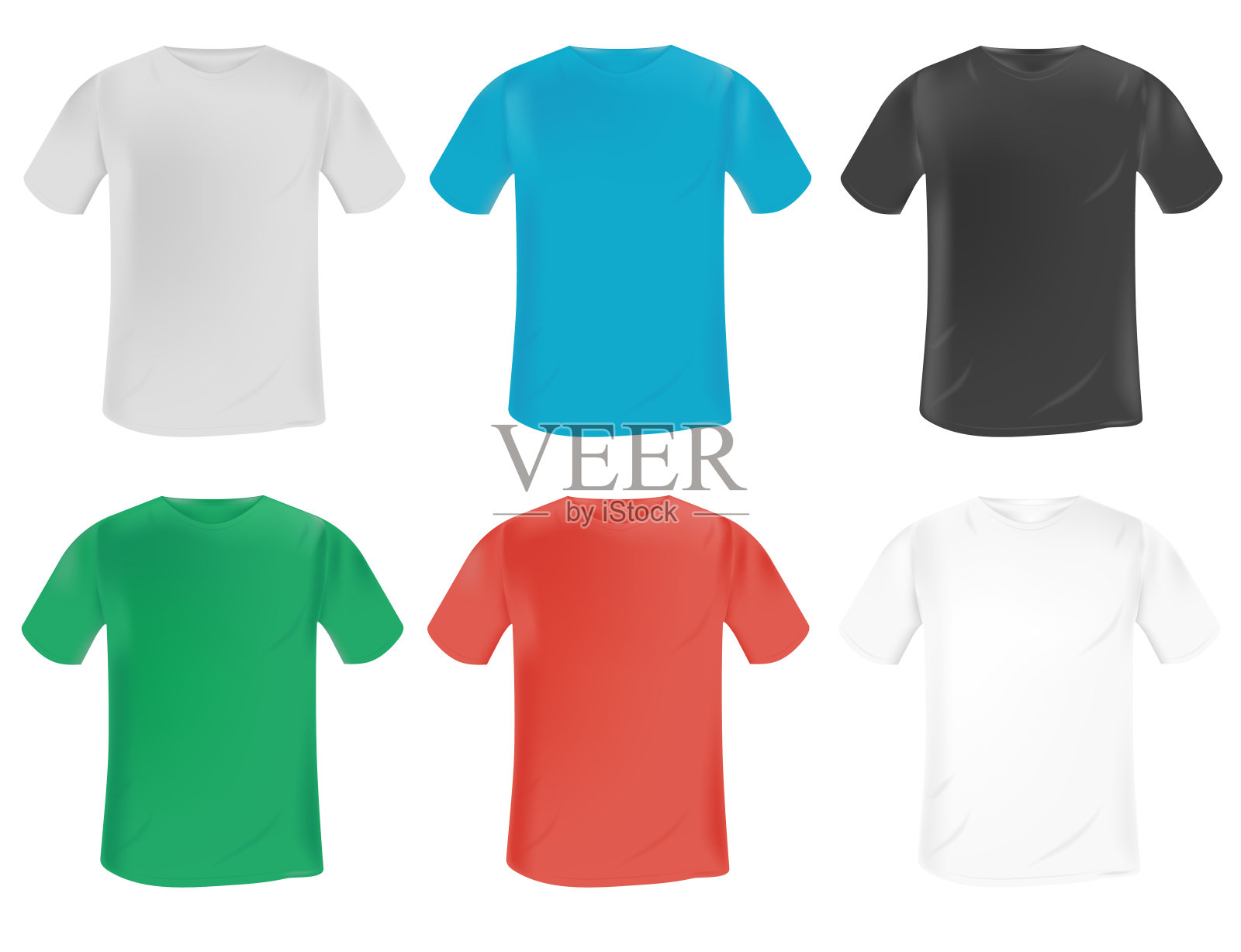 一套向量彩色空白t恤模型与圆领在一个不同的风格在3D。孤立在白色背景上。经典t恤设计模板插画图片素材