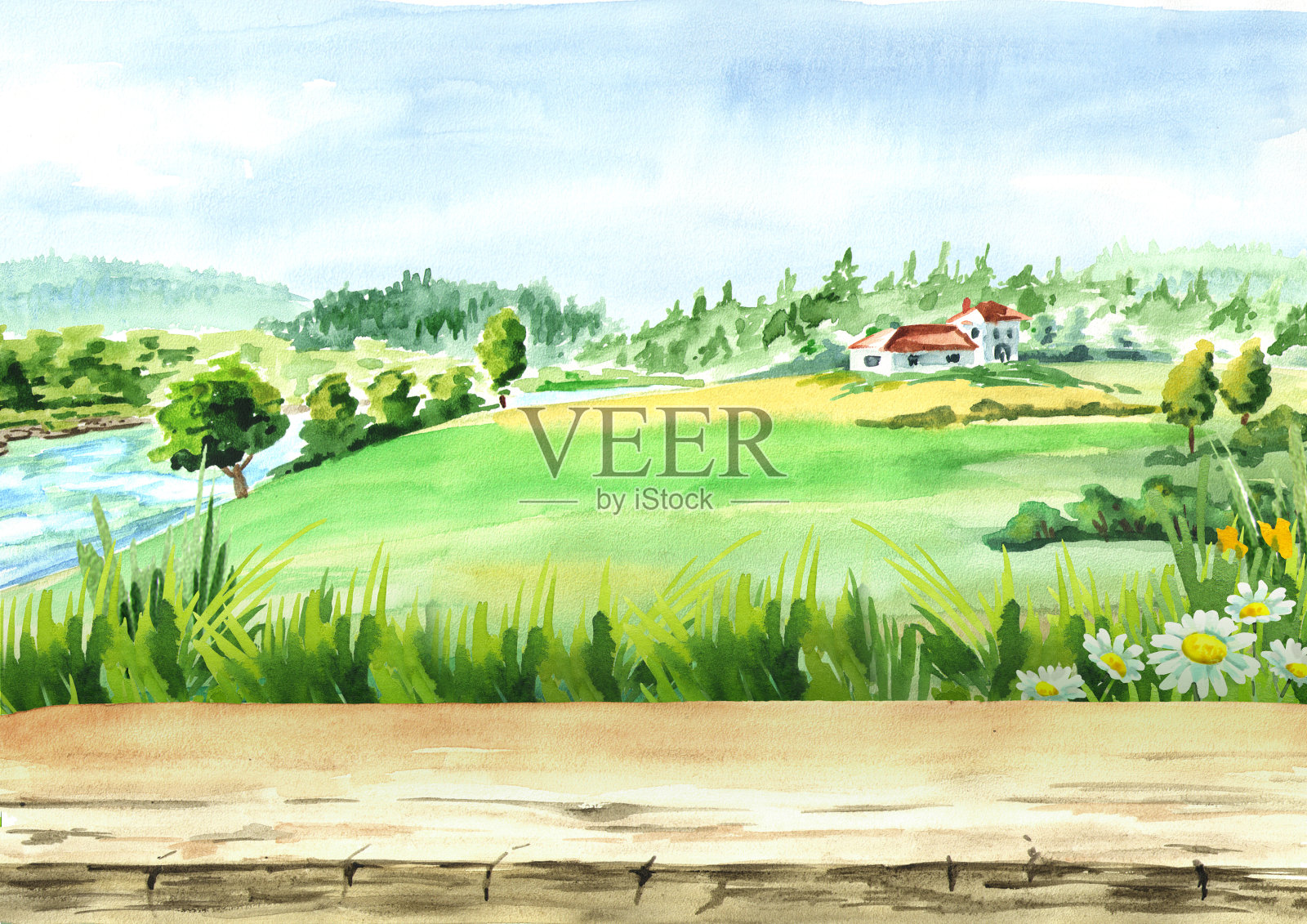 以河流和空桌子为背景的乡村景观。水彩手绘插图插画图片素材