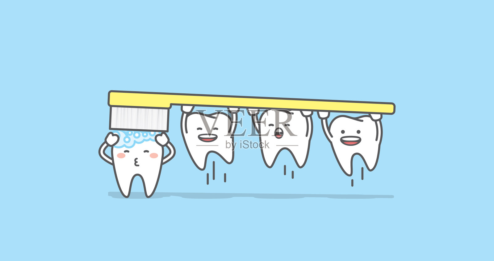 牙齿字符正在刷牙的牙齿插图矢量在蓝色的背景。牙科的概念。插画图片素材
