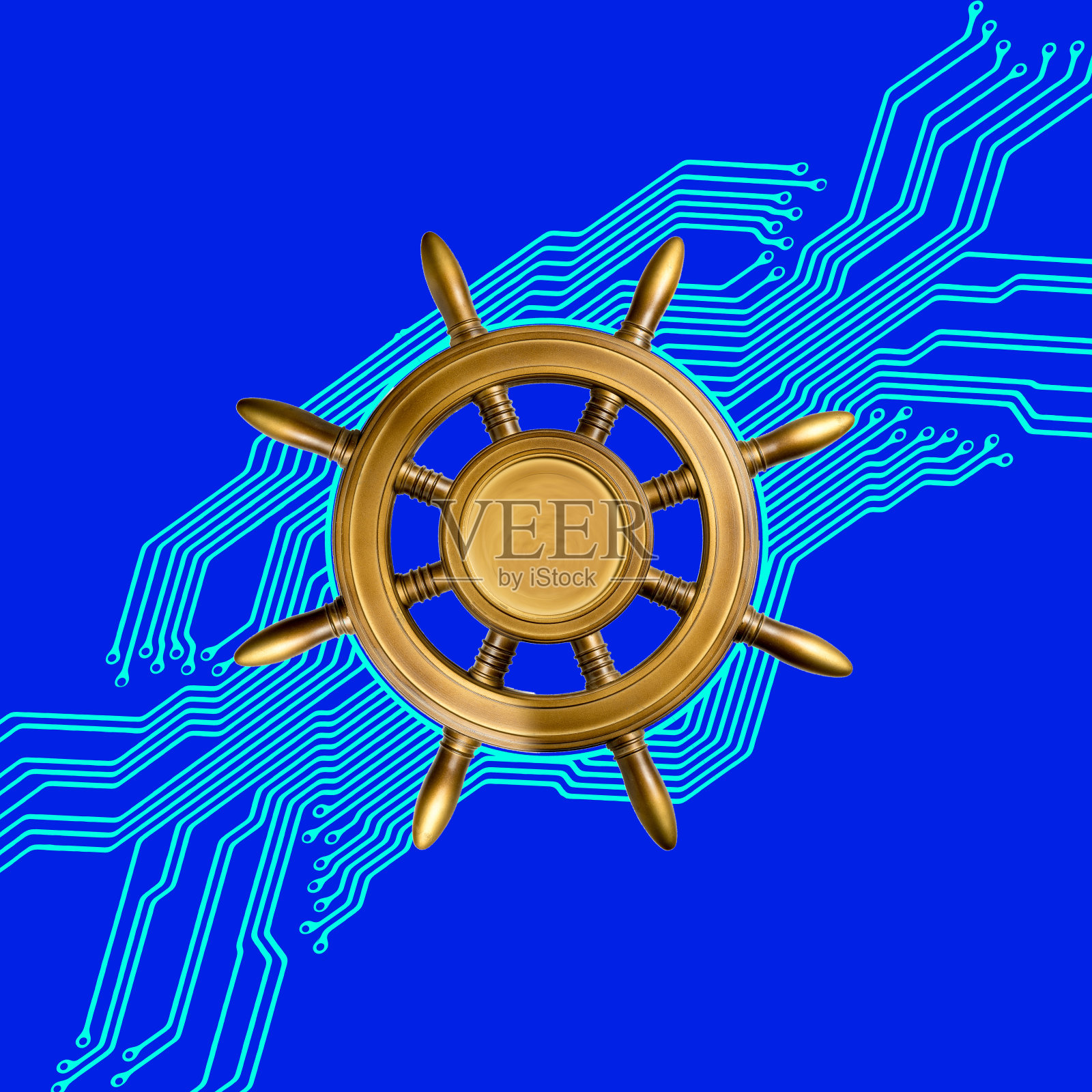 元素电路板图案和老船复古，木制方向盘孤立在蓝色背景作为领导导航在信息技术世界的概念。设计元素图片