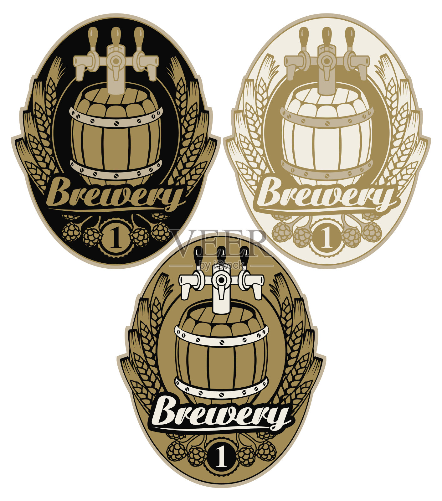 为啤酒厂和啤酒桶设置椭圆形标签设计元素图片