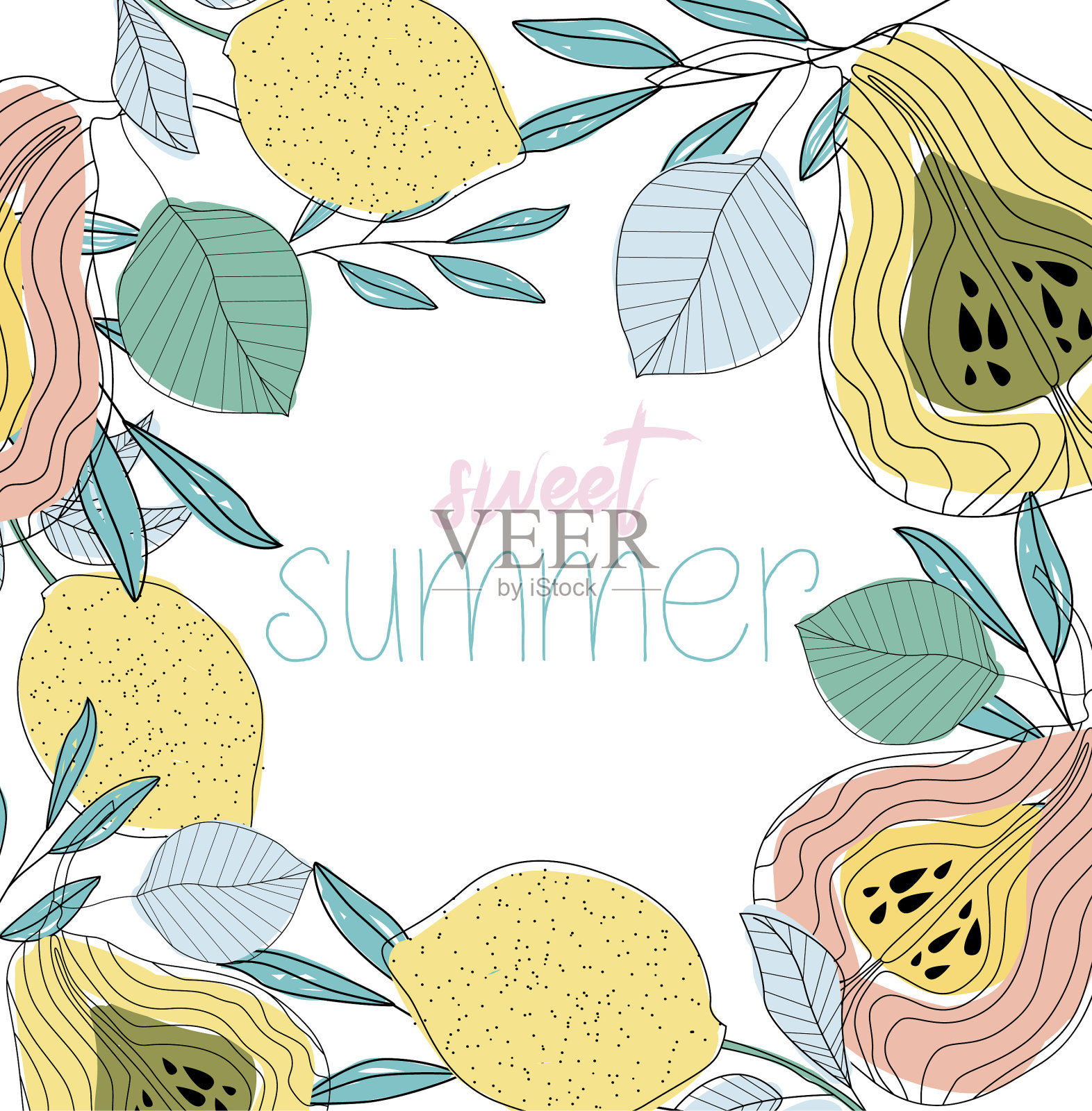 色彩柔和的水果和浆果夏季海报插画图片素材