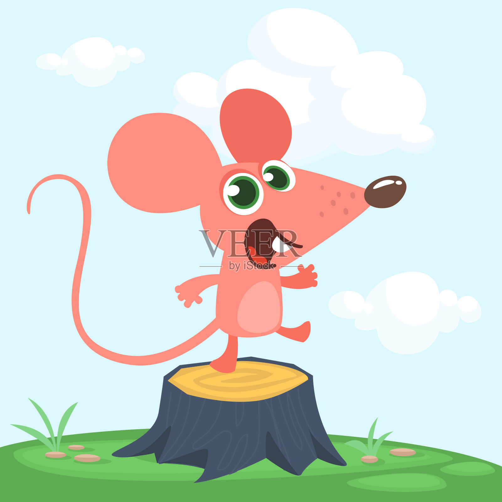 快乐的卡通粉红老鼠在树桩上跳舞在草地上。矢量插图孤立设计元素图片