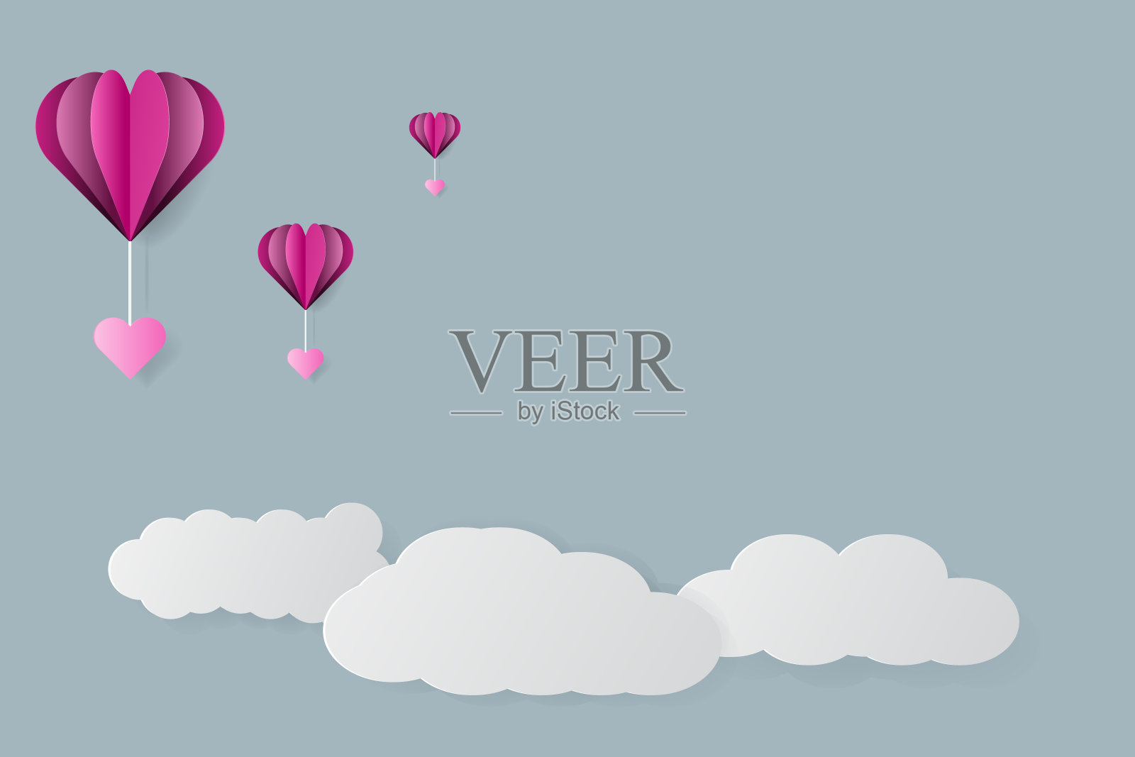 心形标志用彩色气球和云朵纸艺术矢量插图设计为情人节，婚礼贺卡，爱情框架插画图片素材