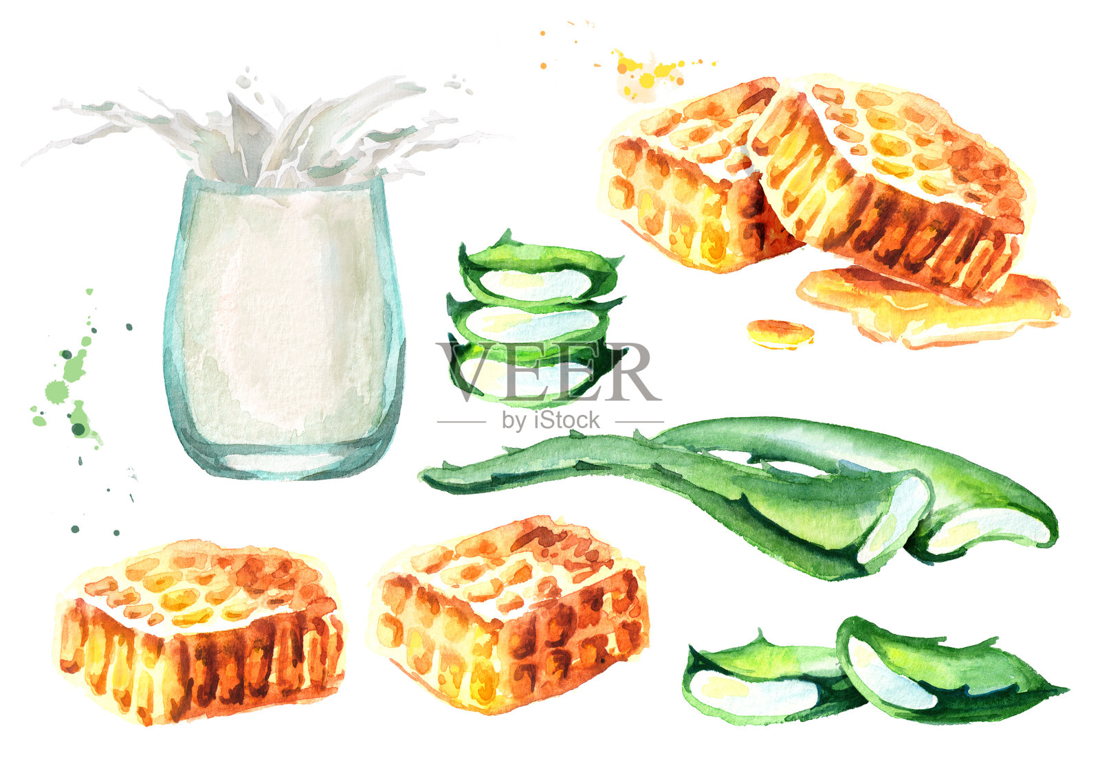 芦荟，蜂蜜和一杯牛奶。水彩手绘集插画图片素材