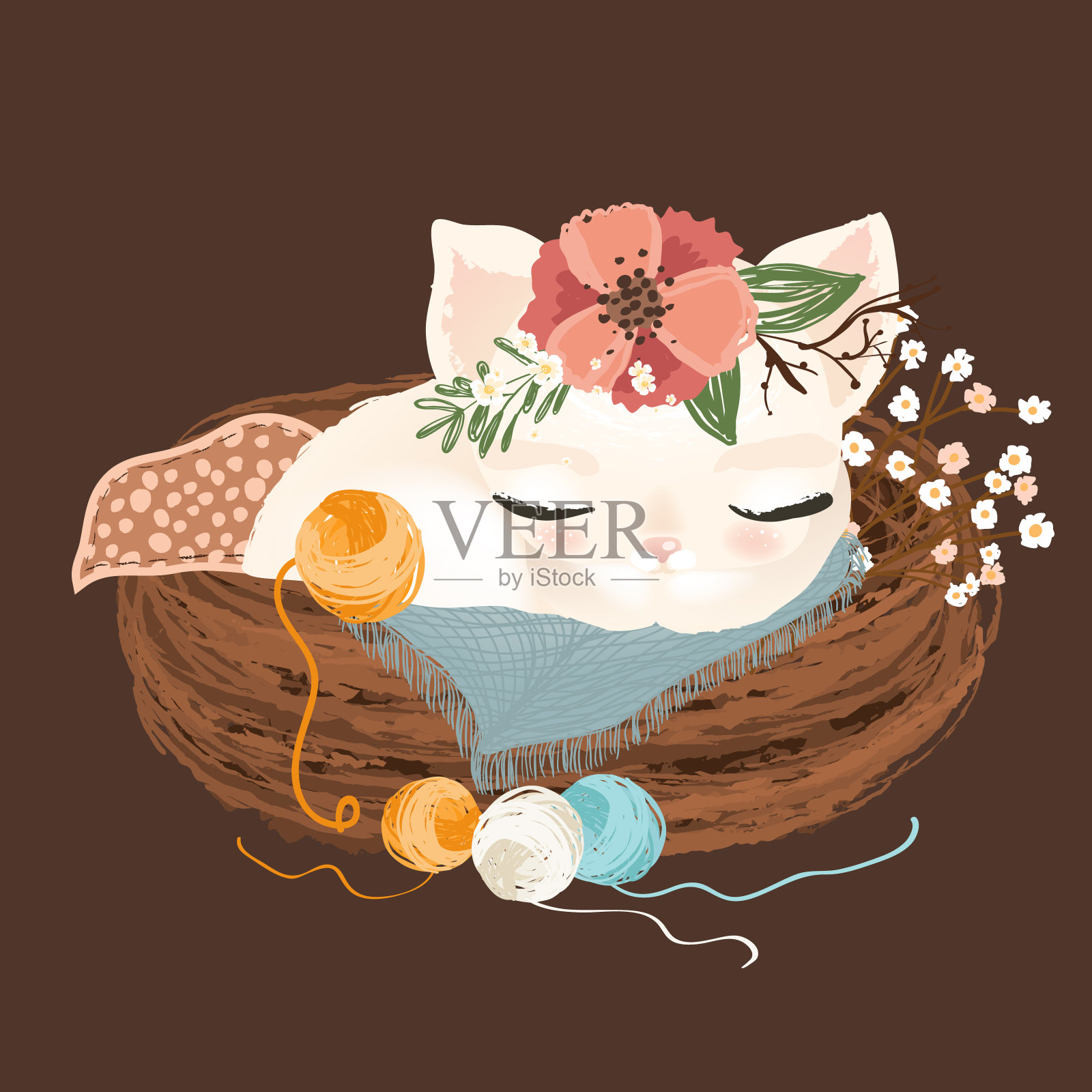 可爱的小白猫做梦，睡在用毛线球和花、花圈、花束编成的乡村篮子里插画图片素材