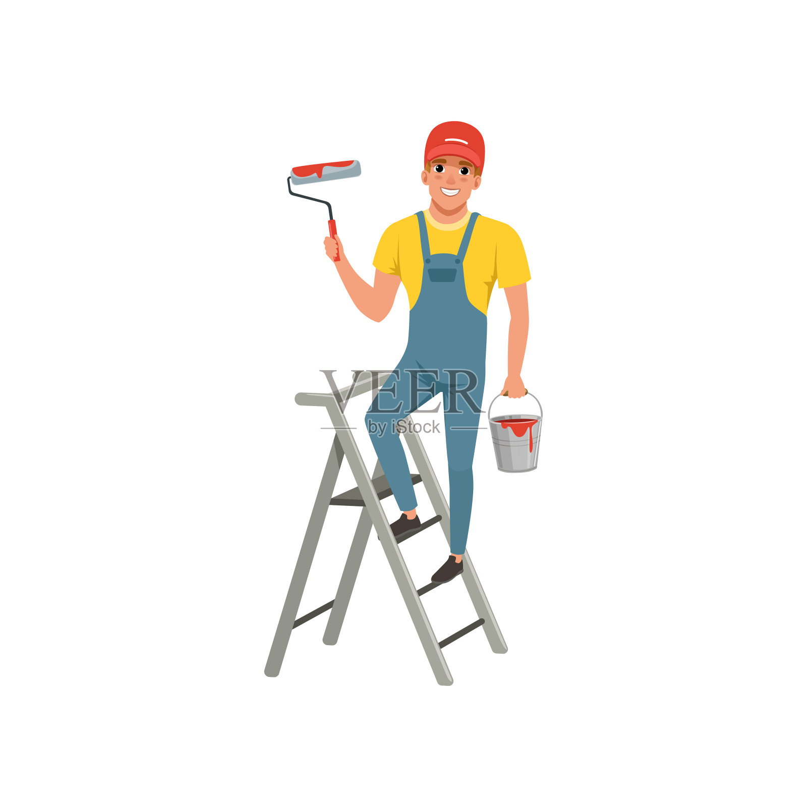 男油漆工用滚轮站在踏步梯上，房子装修概念矢量图在白色的背景上插画图片素材