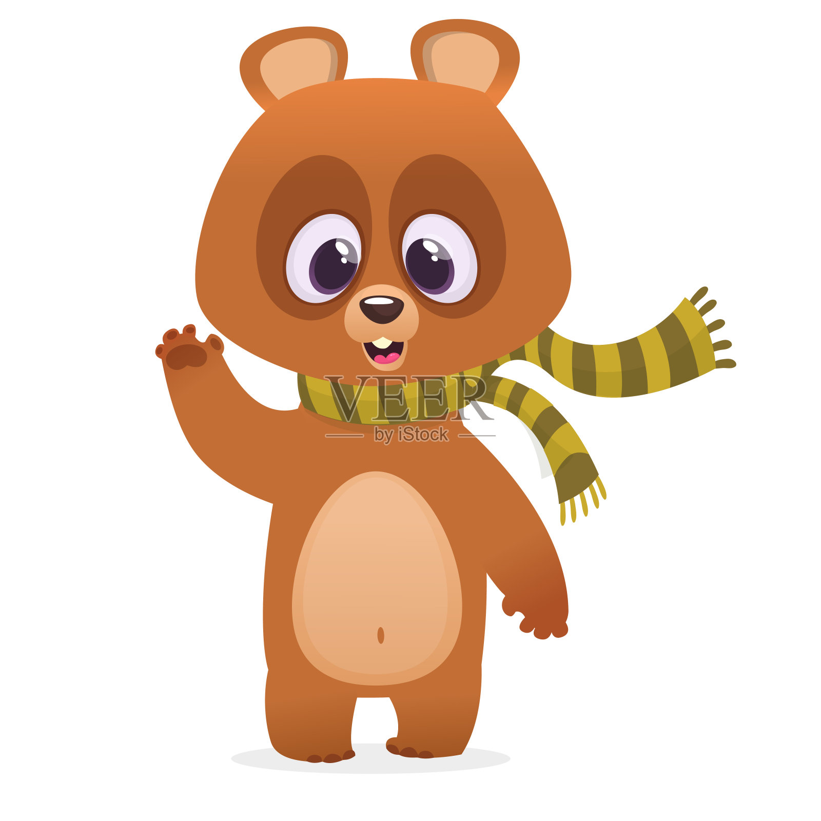 有趣的卡通棕色熊在围巾微笑和挥手。矢量插图的熊吉祥物的角色设计元素图片