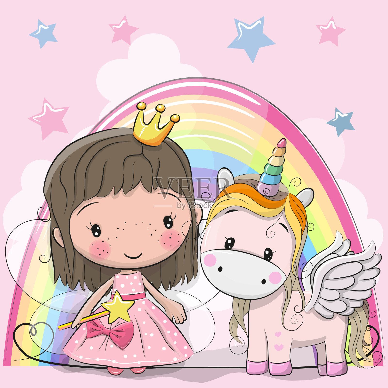 贺卡与童话公主和独角兽插画图片素材