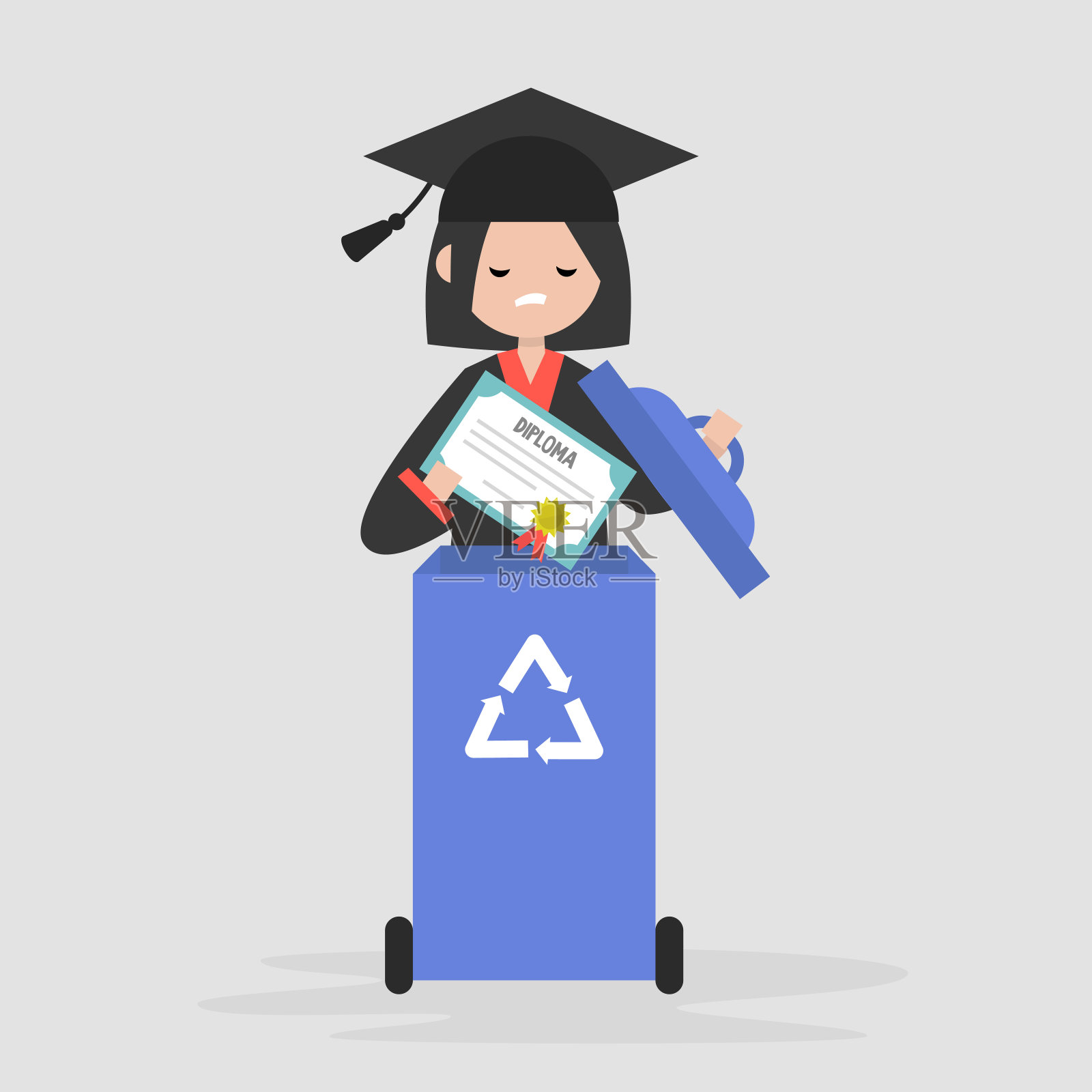 教育的危机。失望的女毕业生扔掉了文凭。废纸回收容器。平面可编辑矢量插图，剪辑艺术插画图片素材