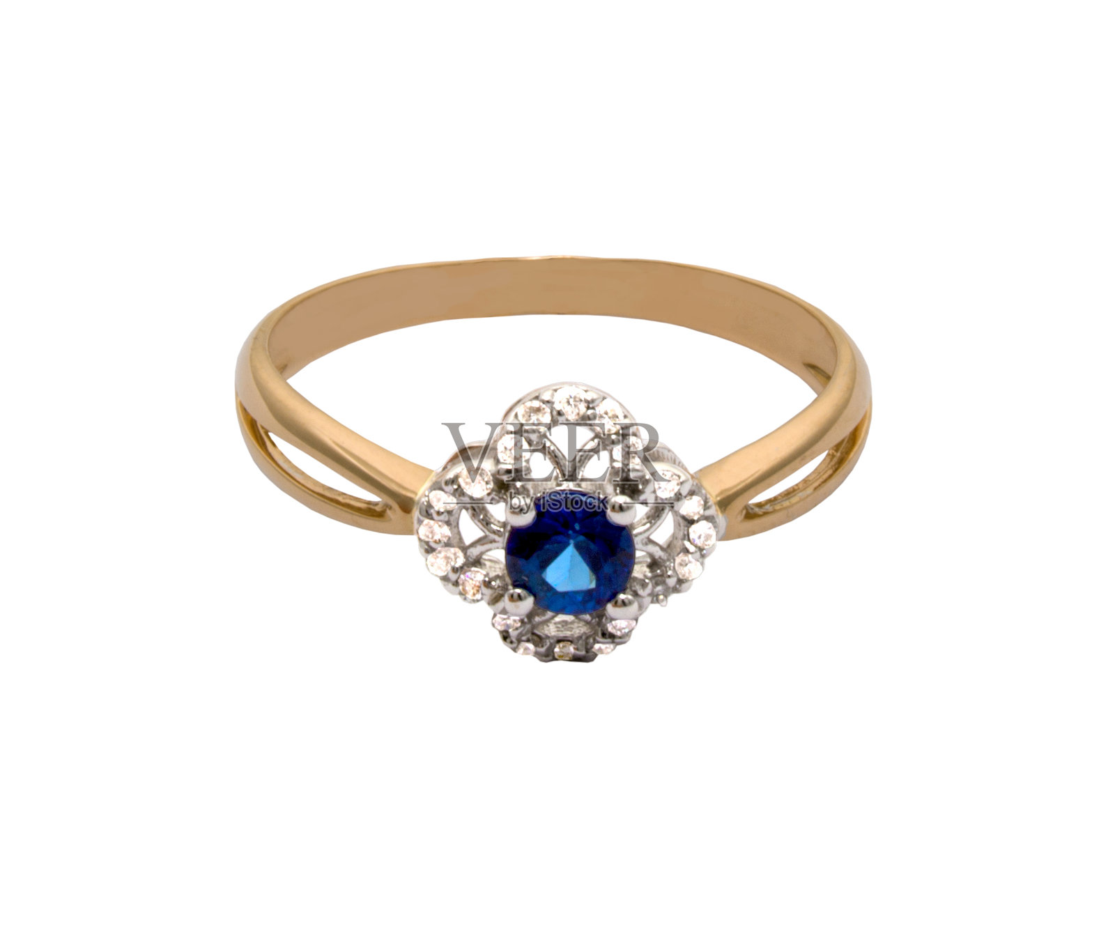 镶有深蓝宝石-蓝宝石和少量钻石的金戒指照片摄影图片