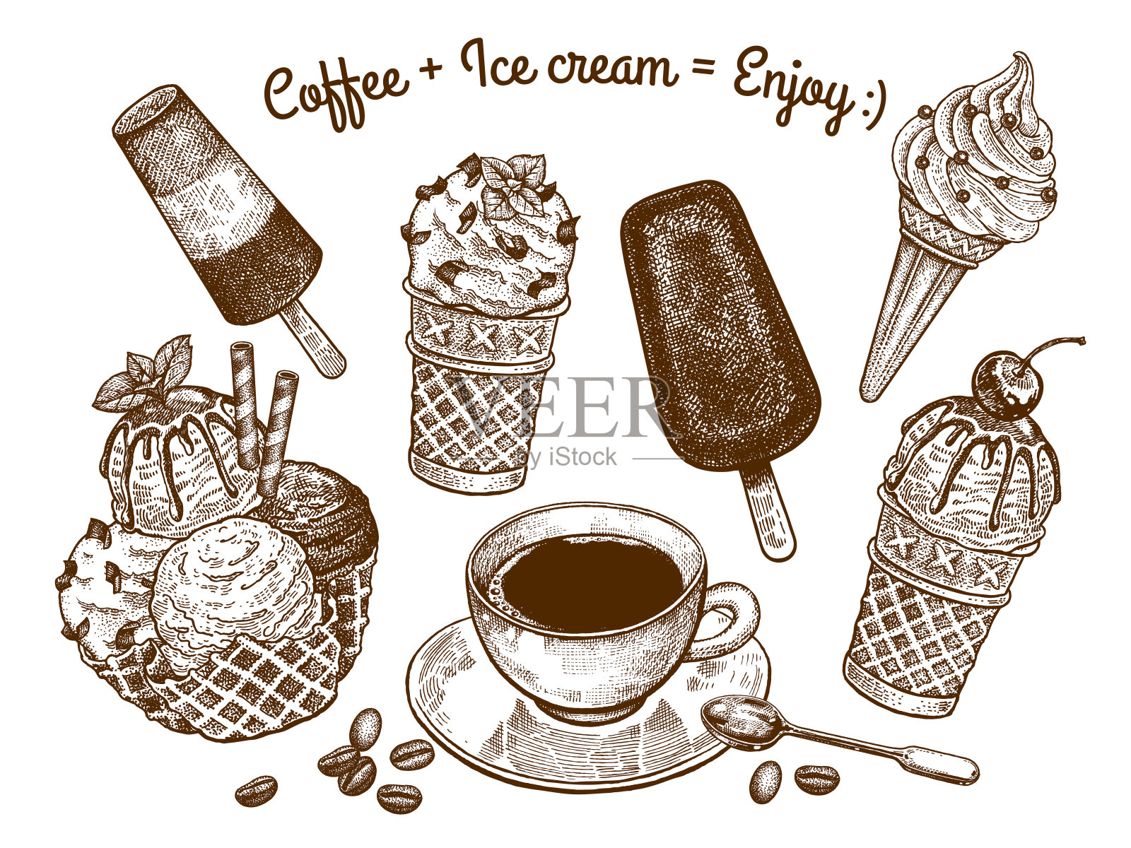 冰淇淋和一杯咖啡。插画图片素材