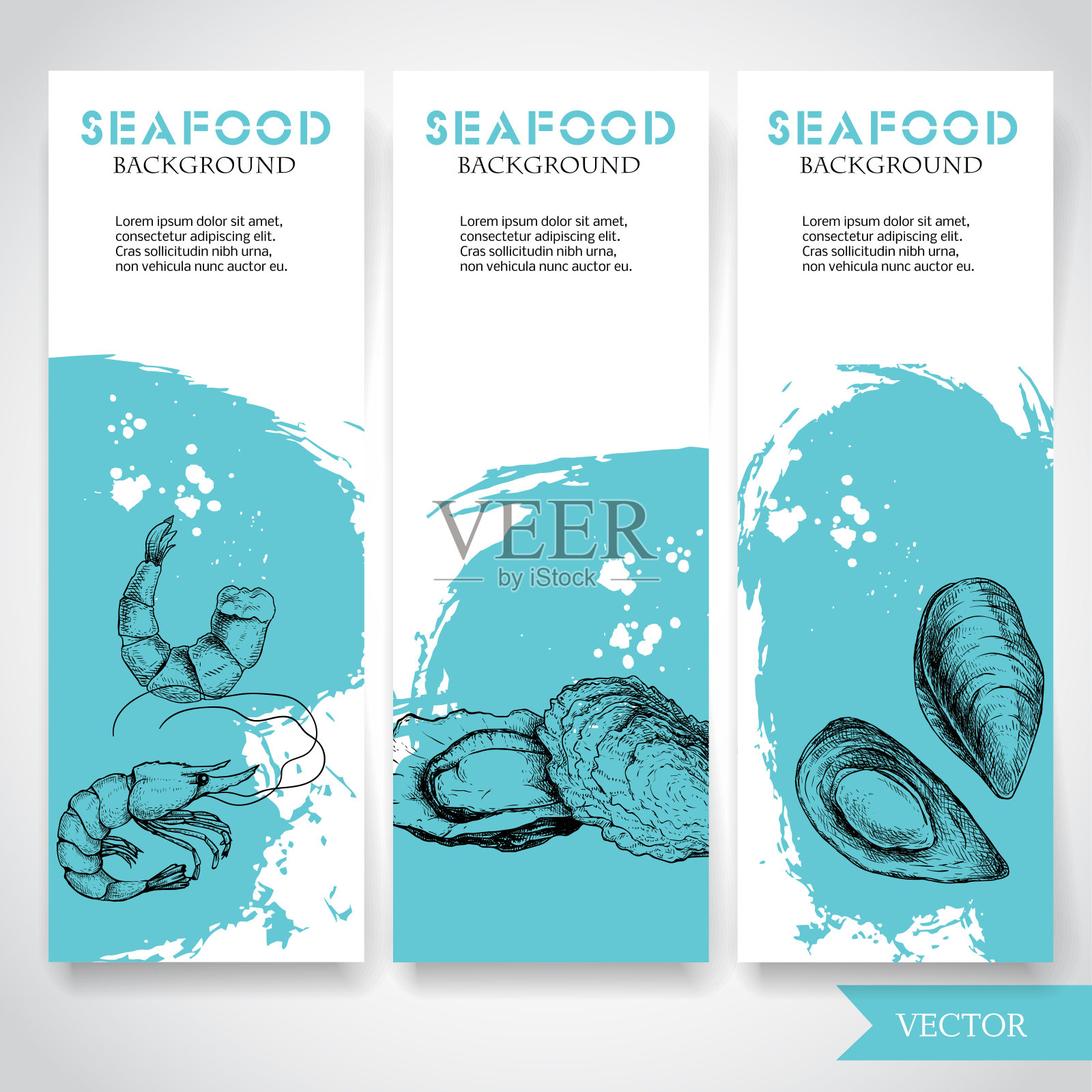 海鲜横幅与水彩蓝色背景和手绘食物。鲜虾、牡蛎及贻贝。餐厅和鱼市模板。矢量插图。插画图片素材