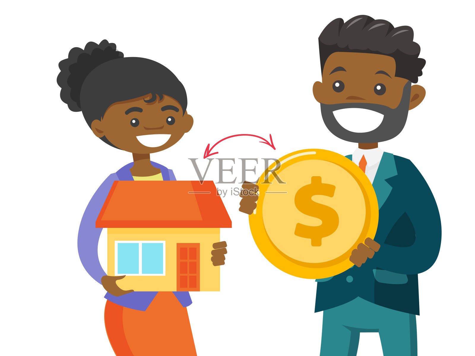 房地产经纪人用客户的钱交换房子插画图片素材