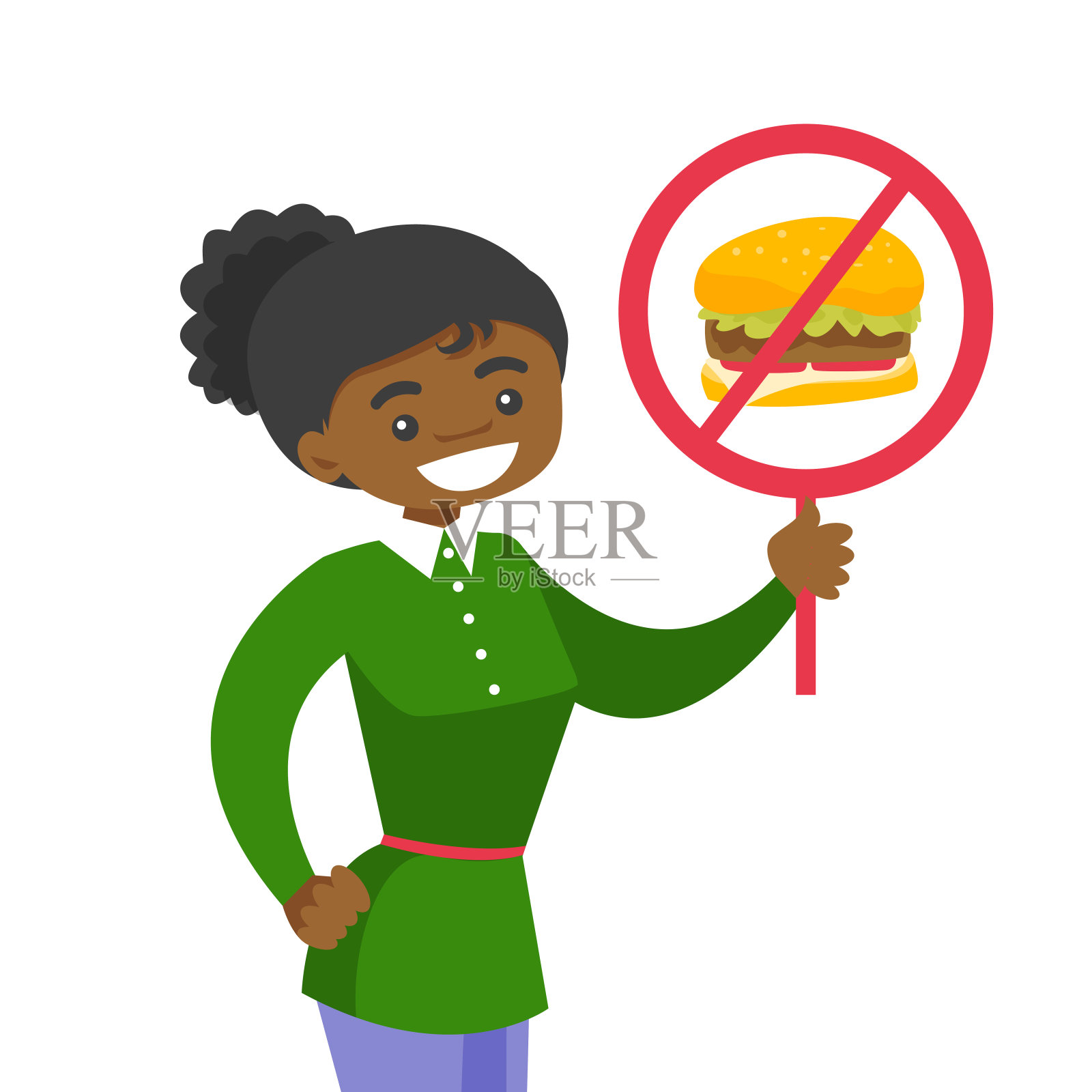 年轻女子举着没有快餐标志的牌子插画图片素材