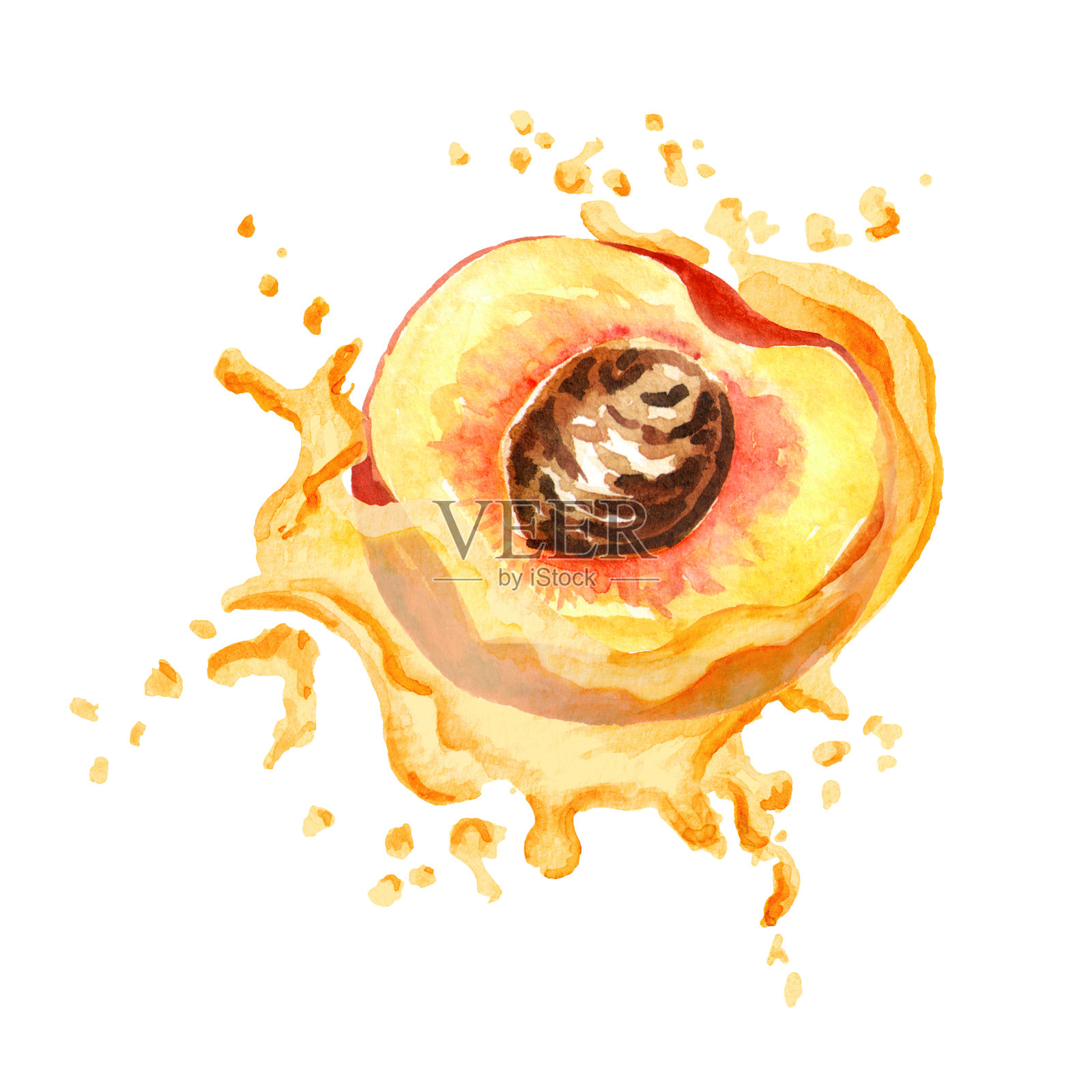鲜嫩的桃汁在白色背景上分离。水彩手绘插图插画图片素材