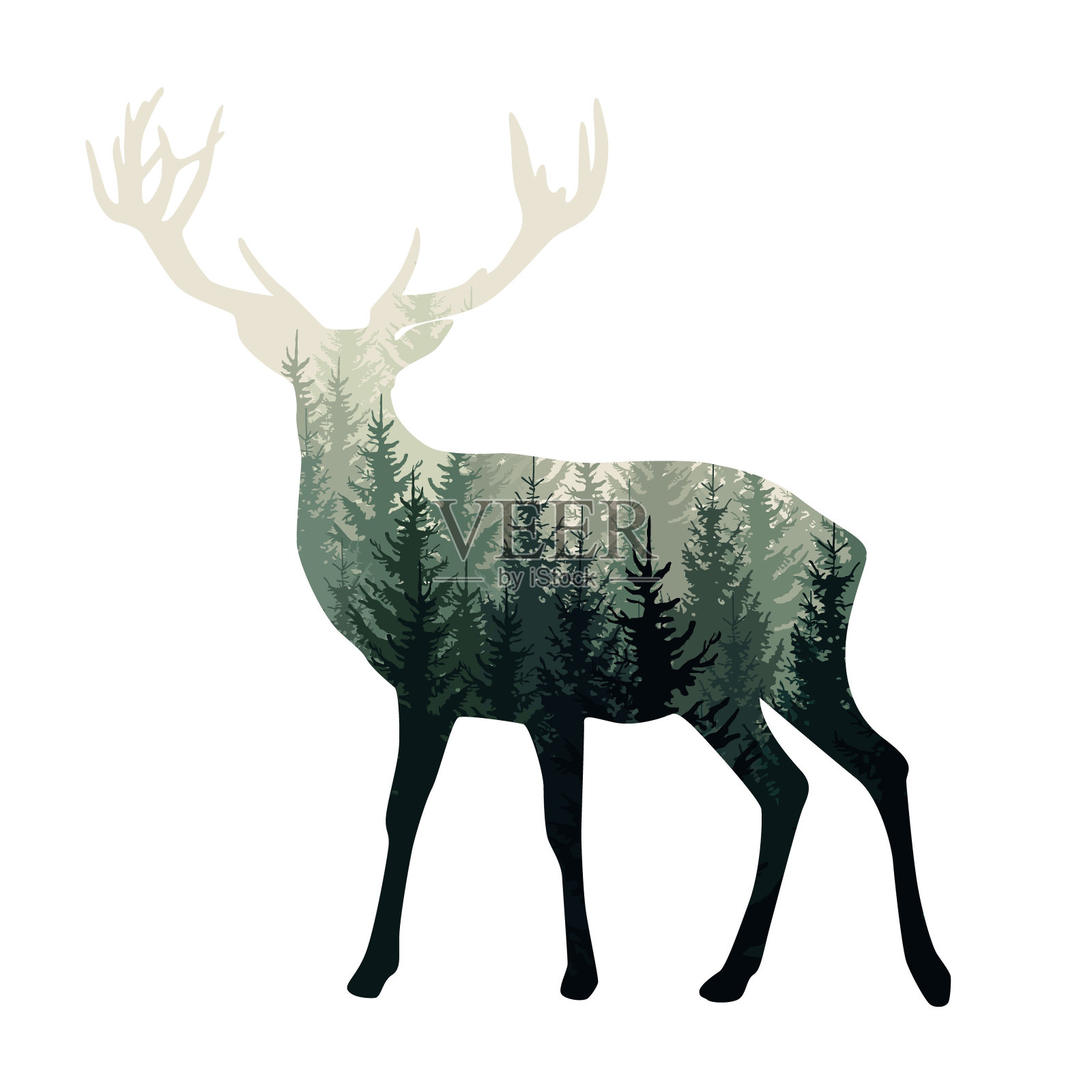 矢量鹿的剪影与朦胧的森林在它-野生的自然，冒险插图插画图片素材