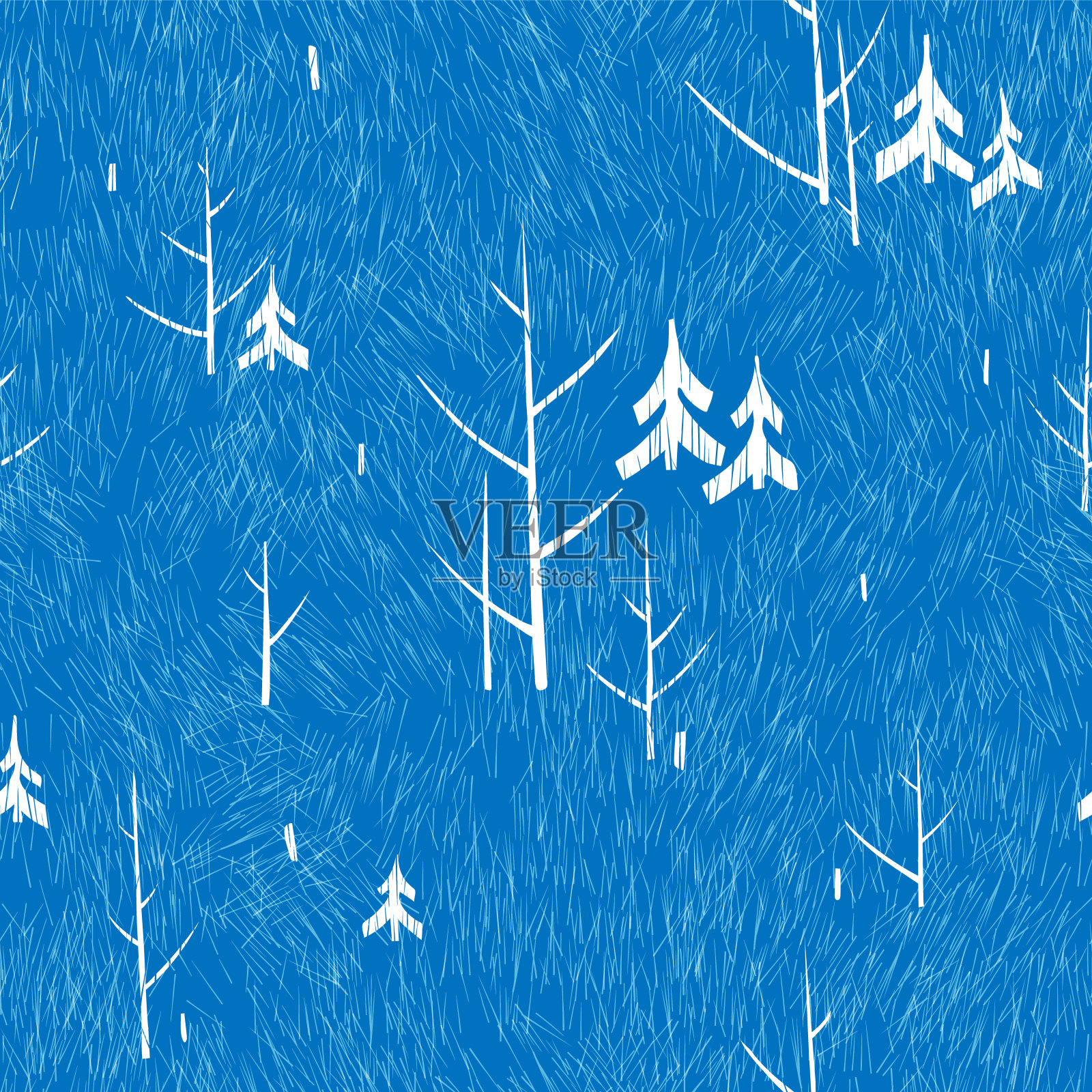 冬天的模式与树木在一个蓝色的背景。森林霜冻无缝纹理。矢量插图。插画图片素材