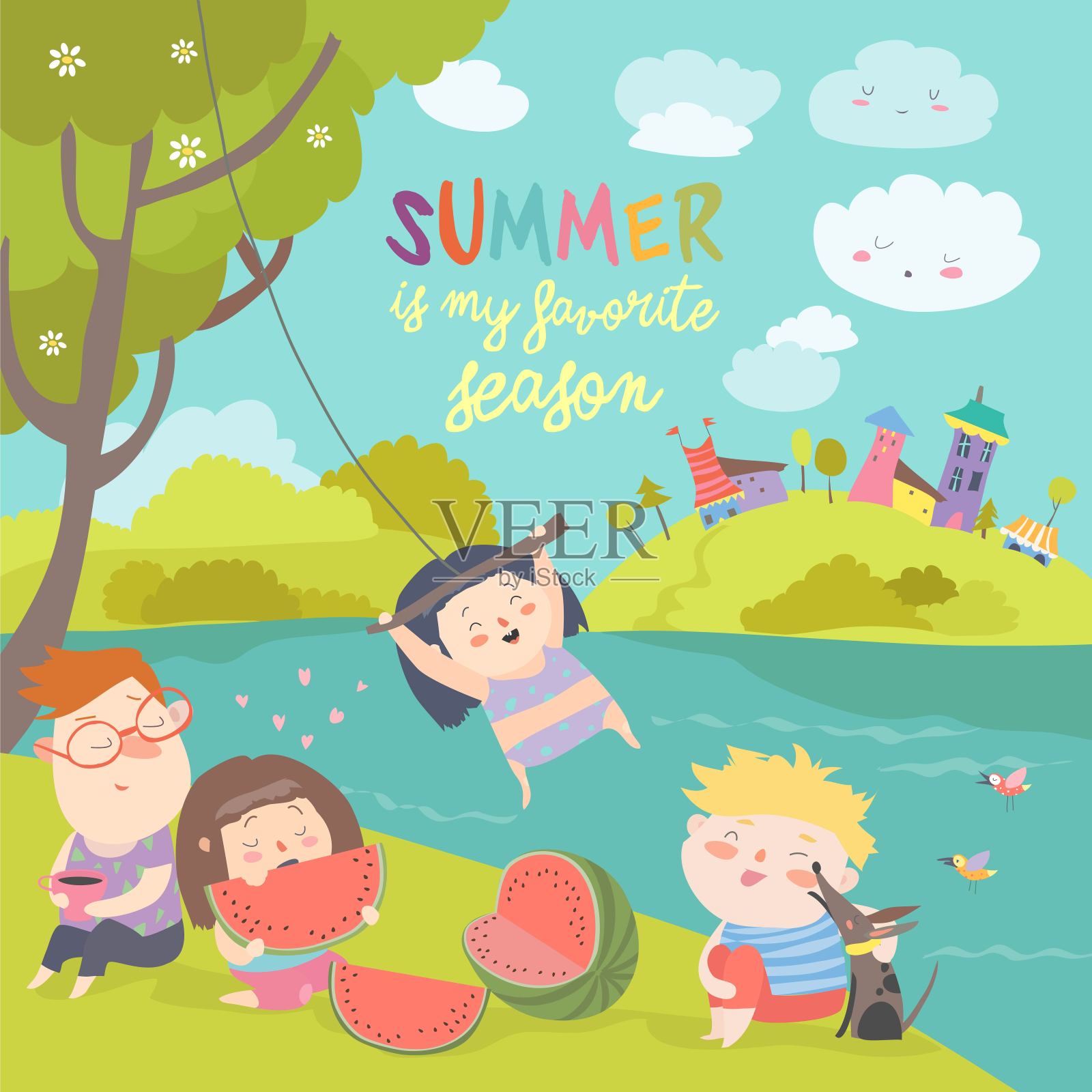 孩子吃西瓜。夏天在河边野餐插画图片素材