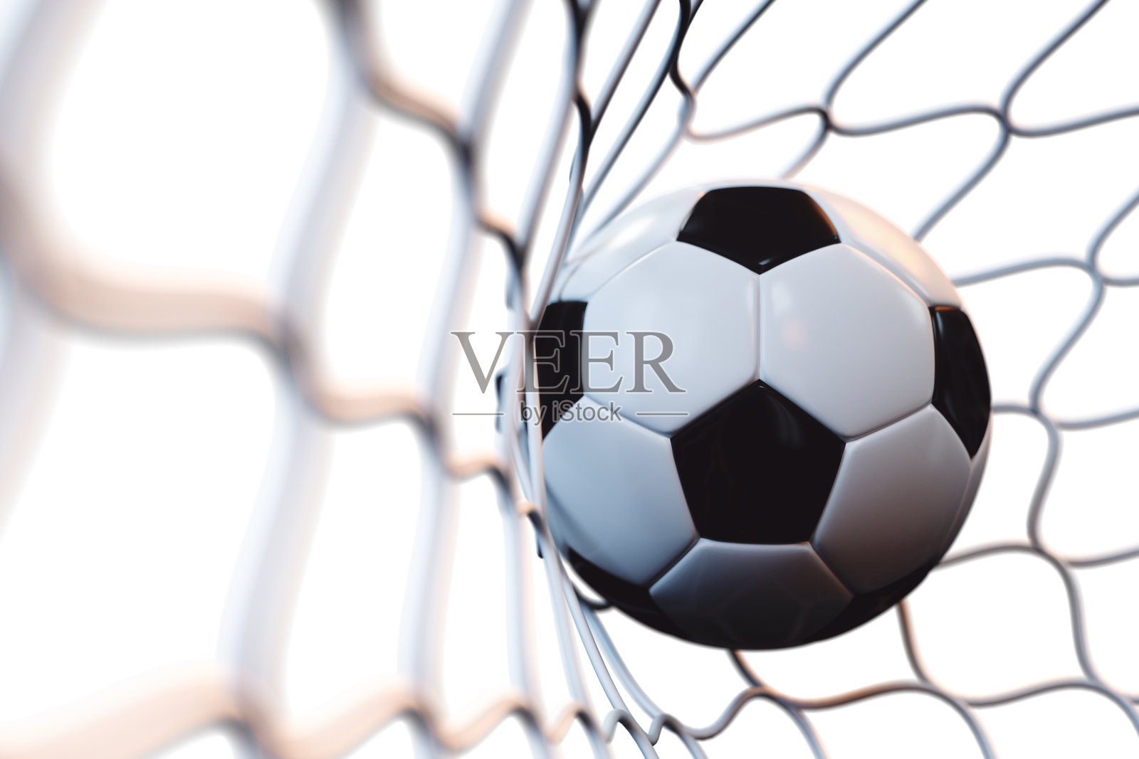 3d渲染足球在目标在运动。足球在网运动孤立在白色背景。成功的概念照片摄影图片