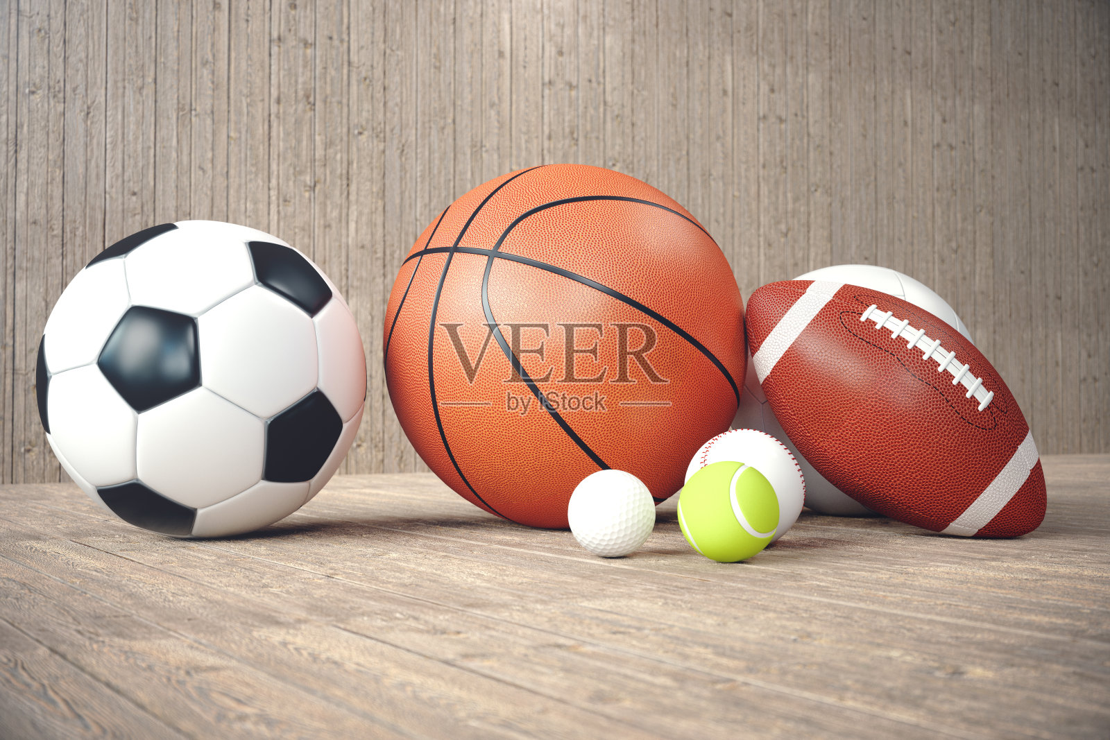 3d渲染运动球的木制背景。一套运动球。运动器材如足球、篮球、棒球、网球、高尔夫球等，供团队和个人娱乐和增进健康。照片摄影图片