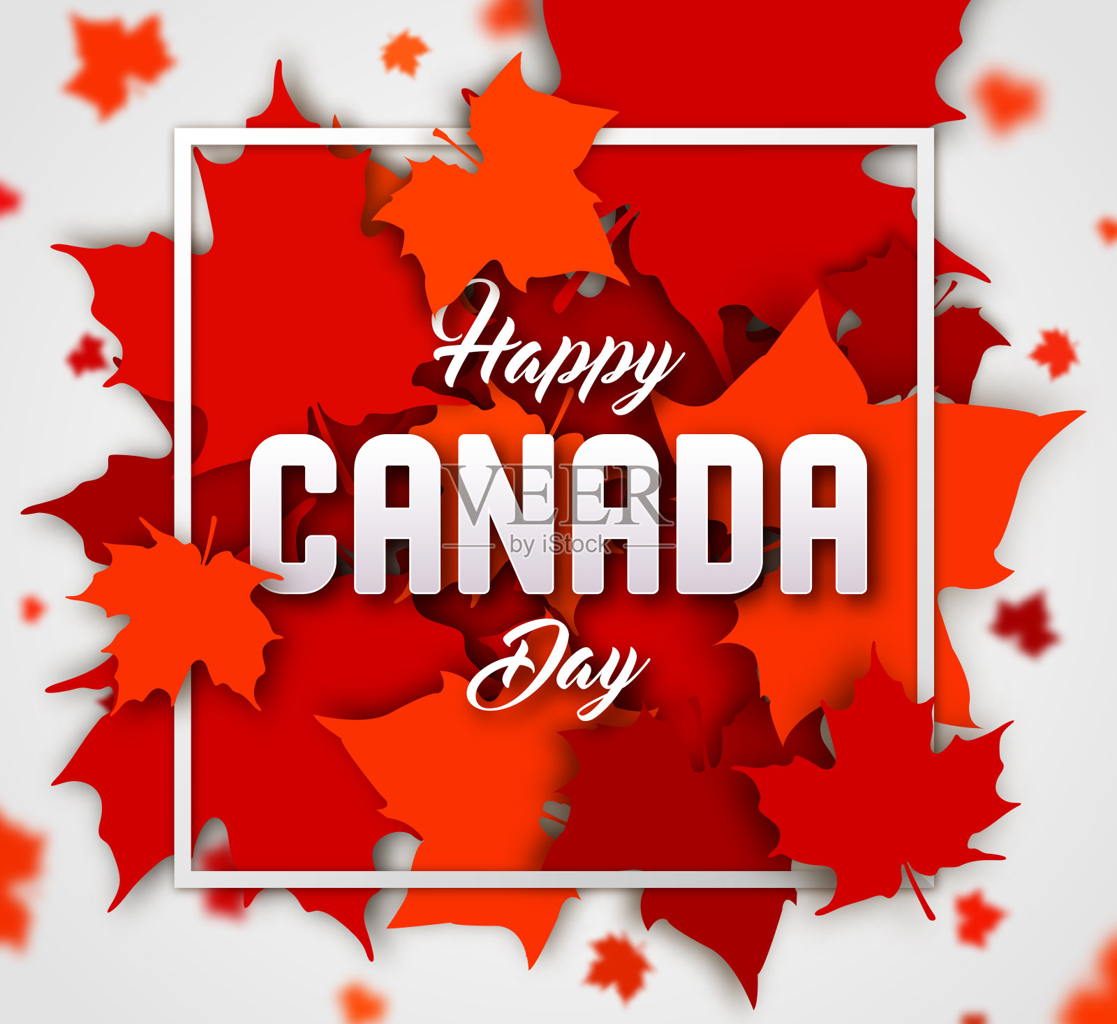 庆祝加拿大国庆日。红色的加拿大枫叶上写着加拿大日快乐。插画图片素材