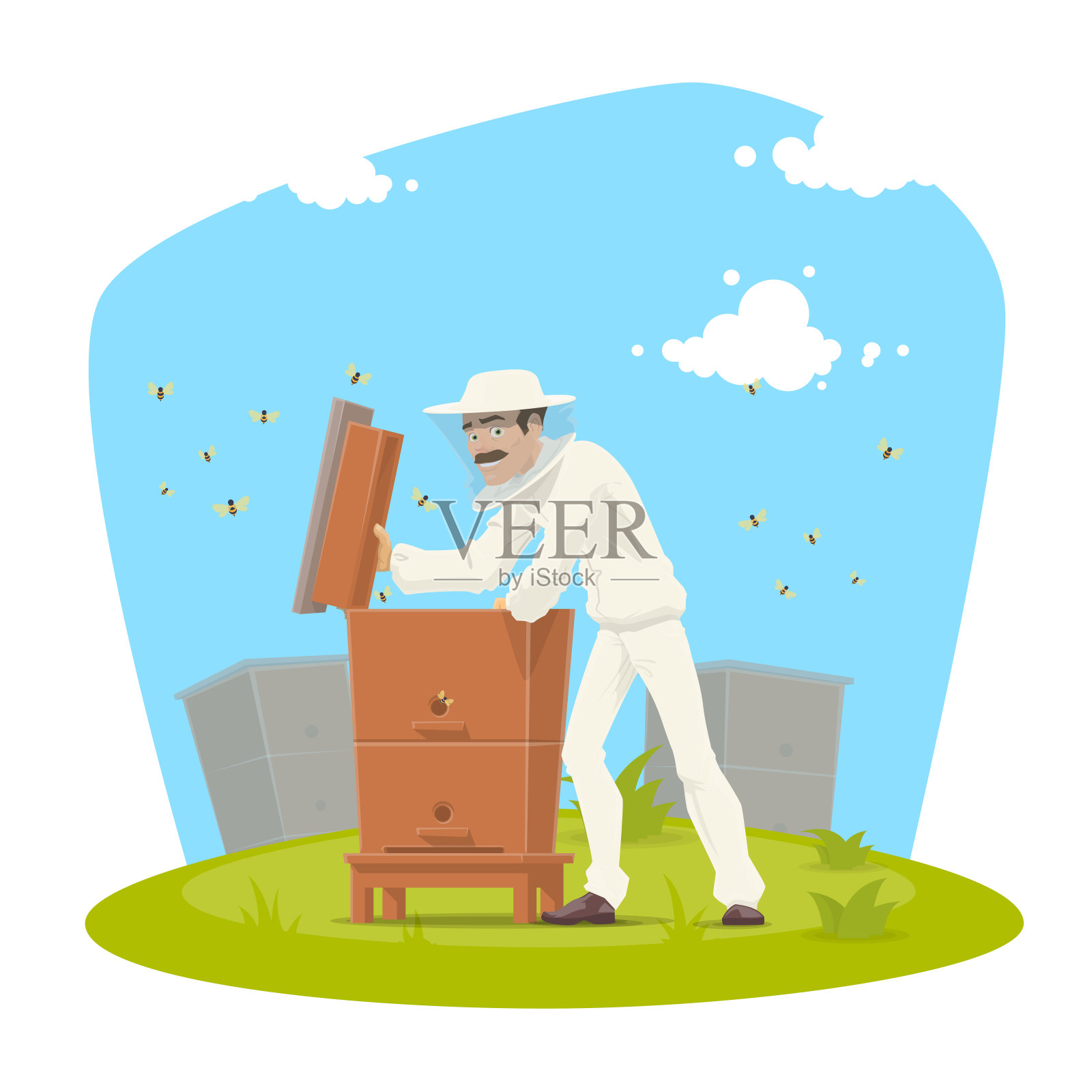 有蜂巢和蜂蜜图标的养蜂人插画图片素材