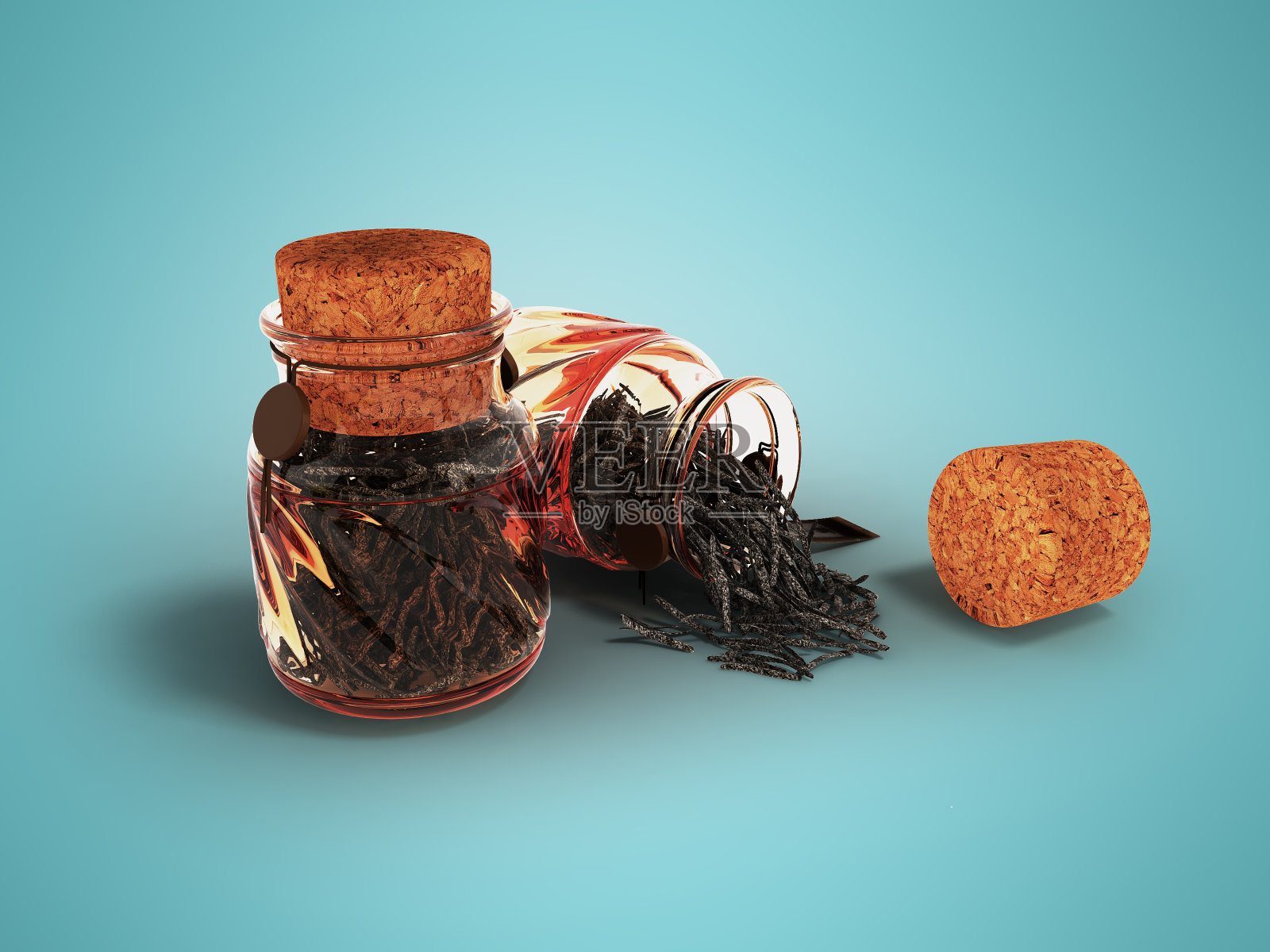 玻璃罐与干红茶存储在前面3d渲染与阴影蓝色背景照片摄影图片