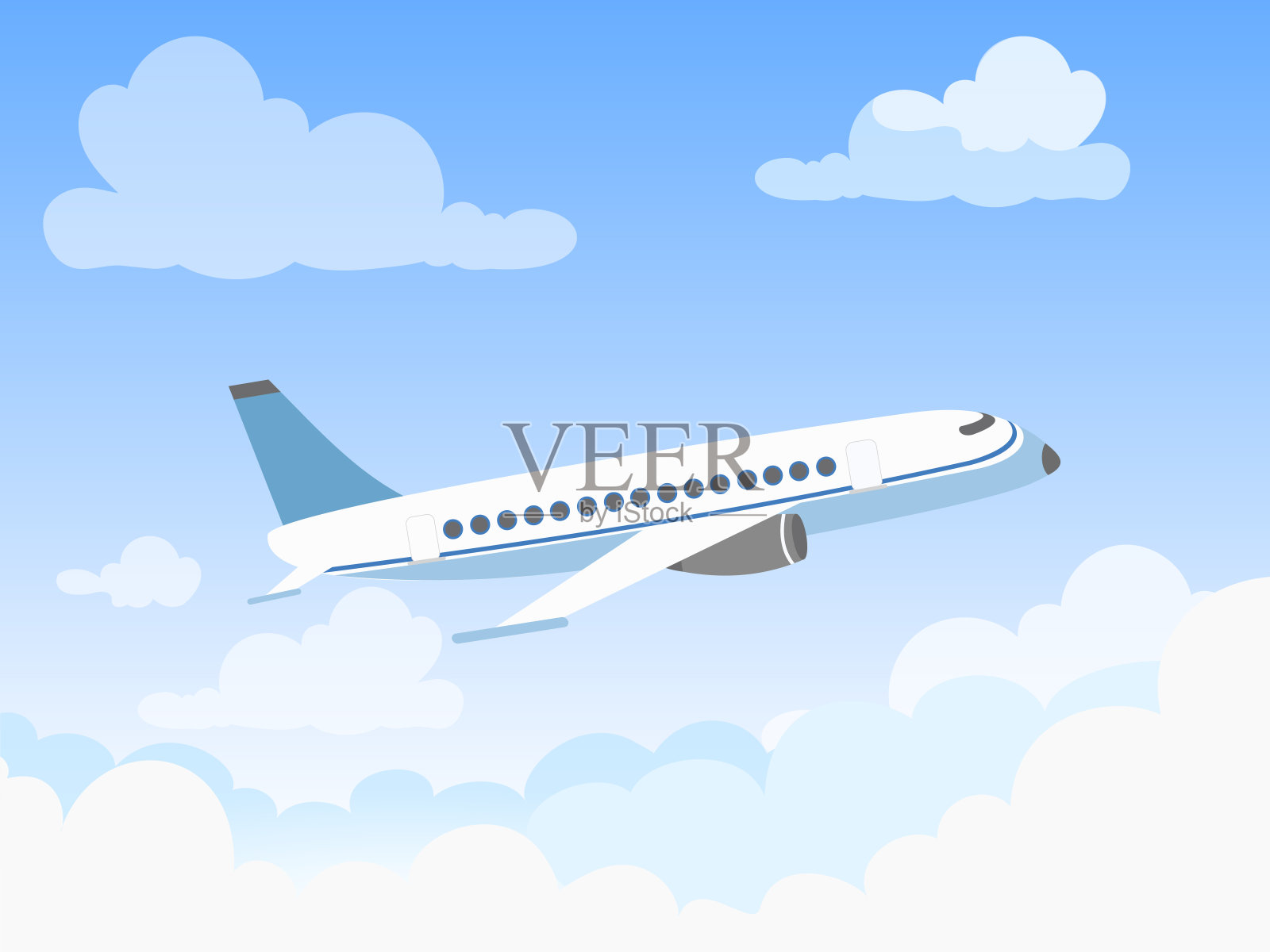 矢量插图的飞机在天空的云。平面设计风格概念飞机在蓝天中穿越云层。设计元素图片