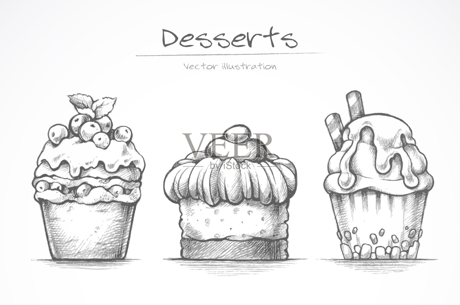 矢量无缝模式手绘奶酪蛋糕和樱桃纸杯蛋糕。轮廓矢量插图的甜点在白色的背景。插画图片素材_ID:409829043-Veer图库