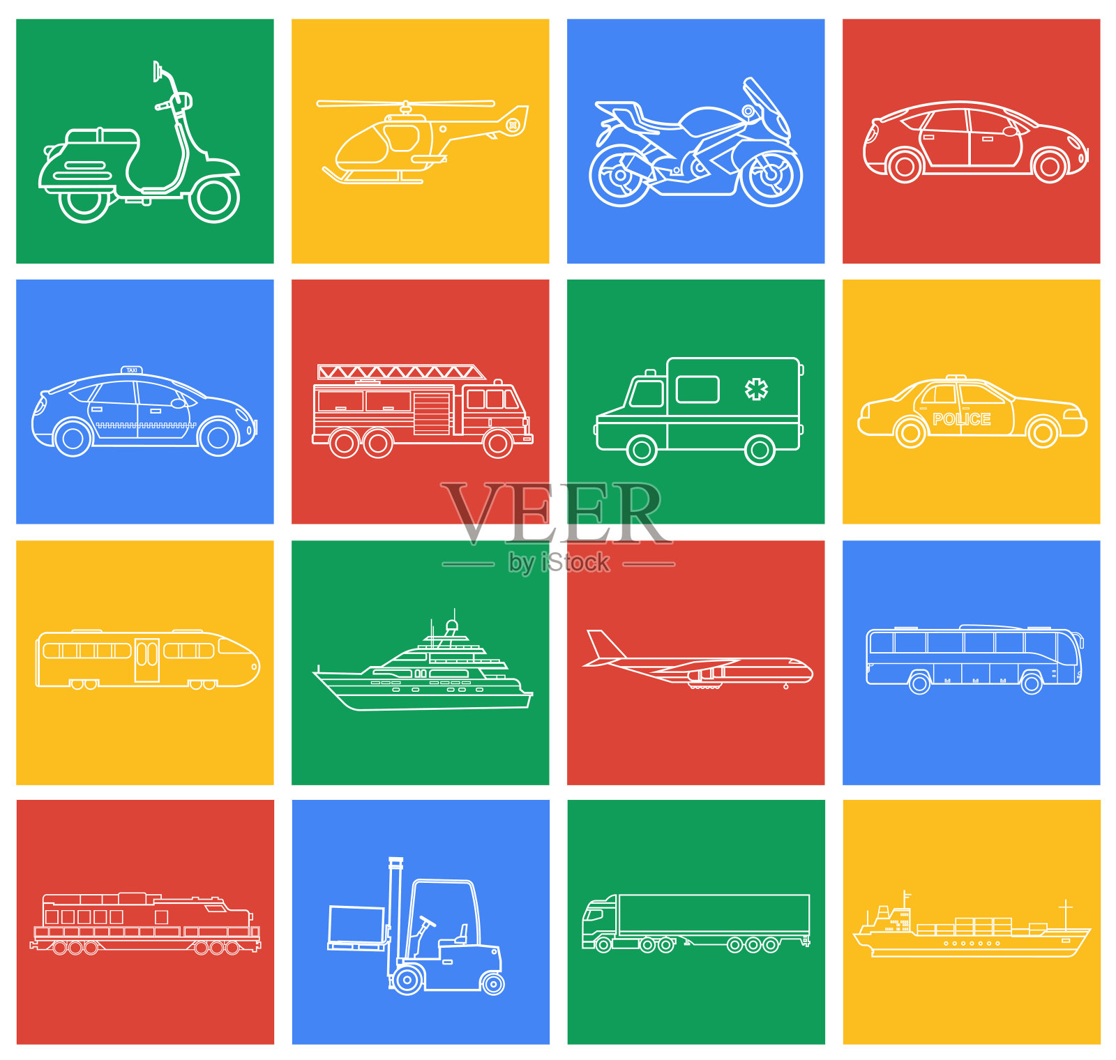 交通图标集。城市汽车和交通工具。汽车、轮船、飞机、火车、摩托车、直升机。轮廓图标。向量插画图片素材