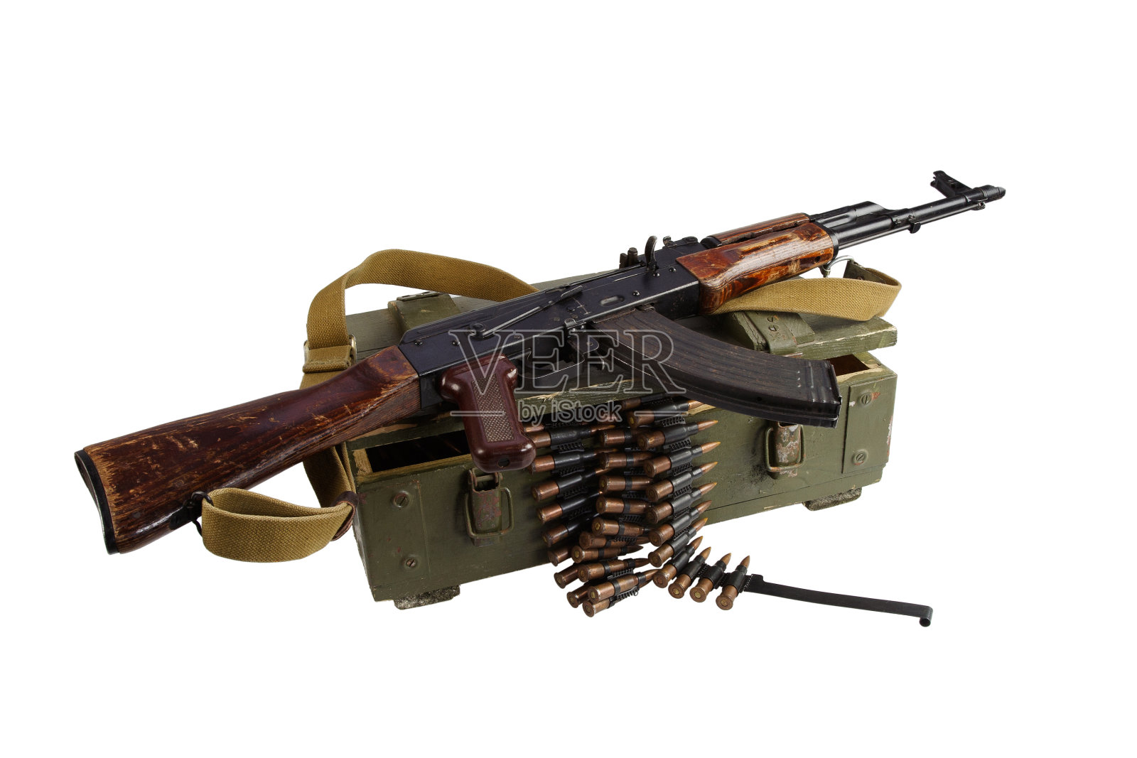 陆军弹药箱，包括AK步枪和弹药照片摄影图片