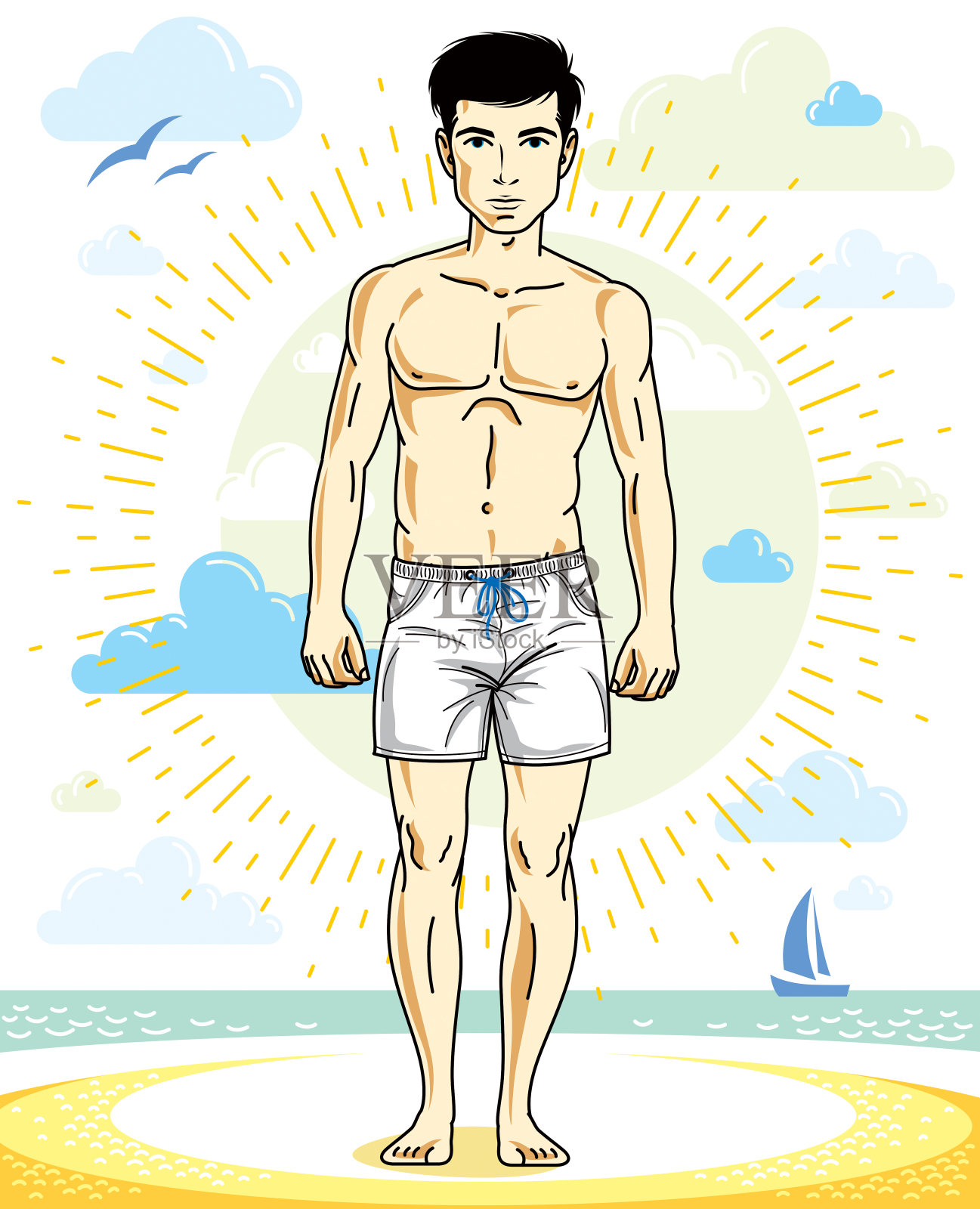 英俊的男子摆姿势在热带海滩上五颜六色的短裤。向量的性格。暑假的主题。插画图片素材