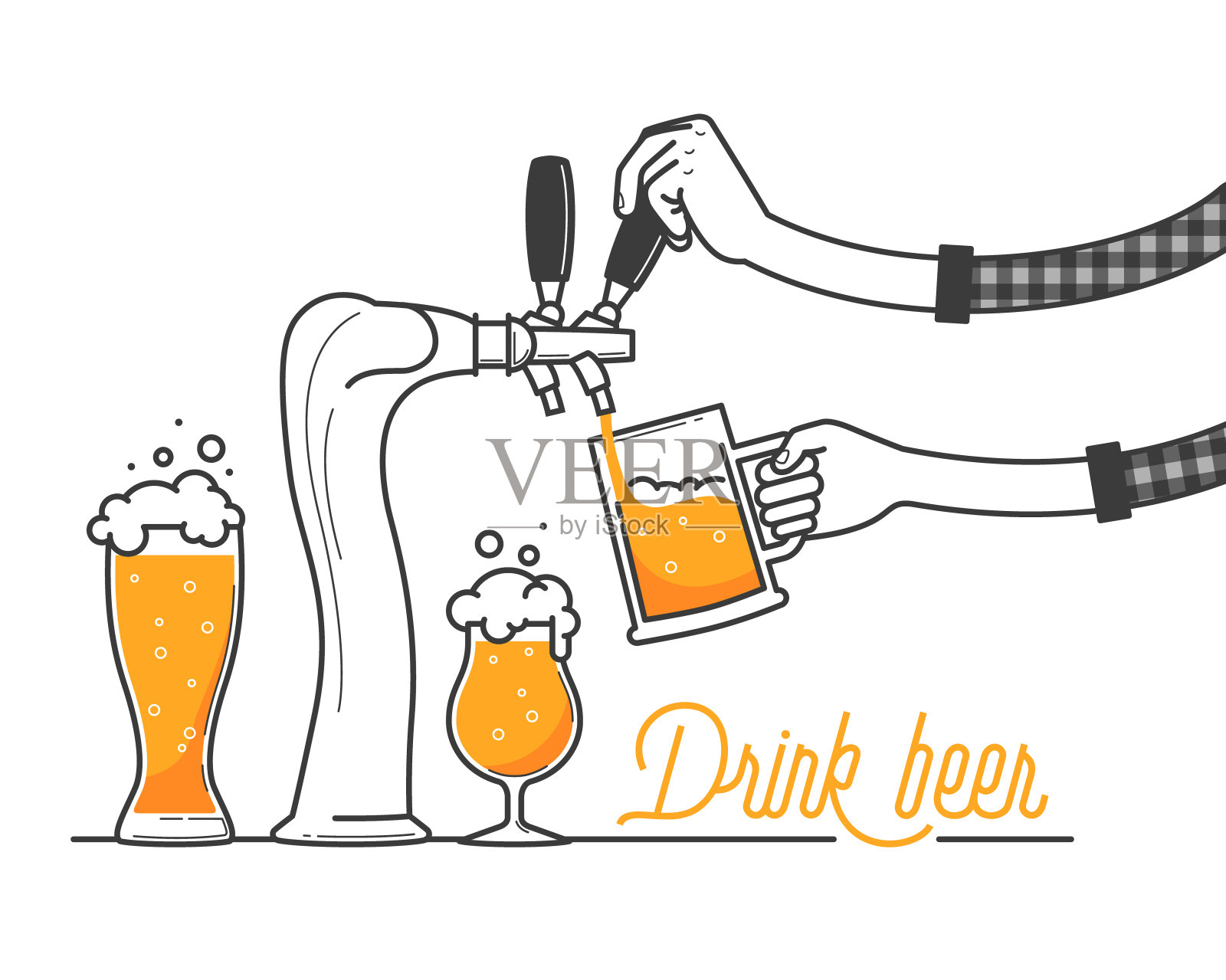 酒吧里的啤酒汩汩作响。德国的慕尼黑啤酒节。喝啤酒排版矢量插图上的白色背景。黄色啤酒和泡沫度假。喝得越多越好。干杯插画图片素材