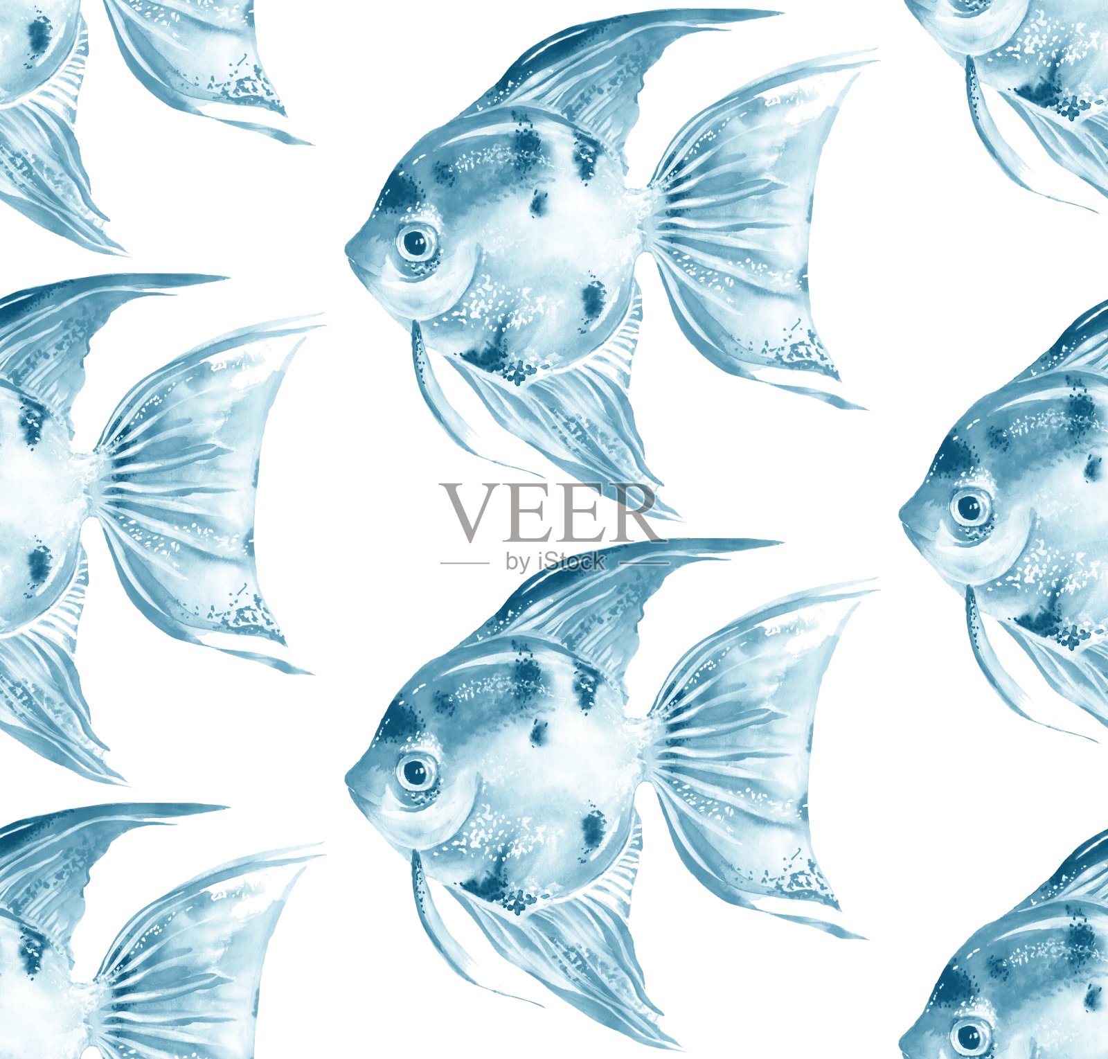 天使鱼。蓝色水彩无缝图案与鱼插画图片素材