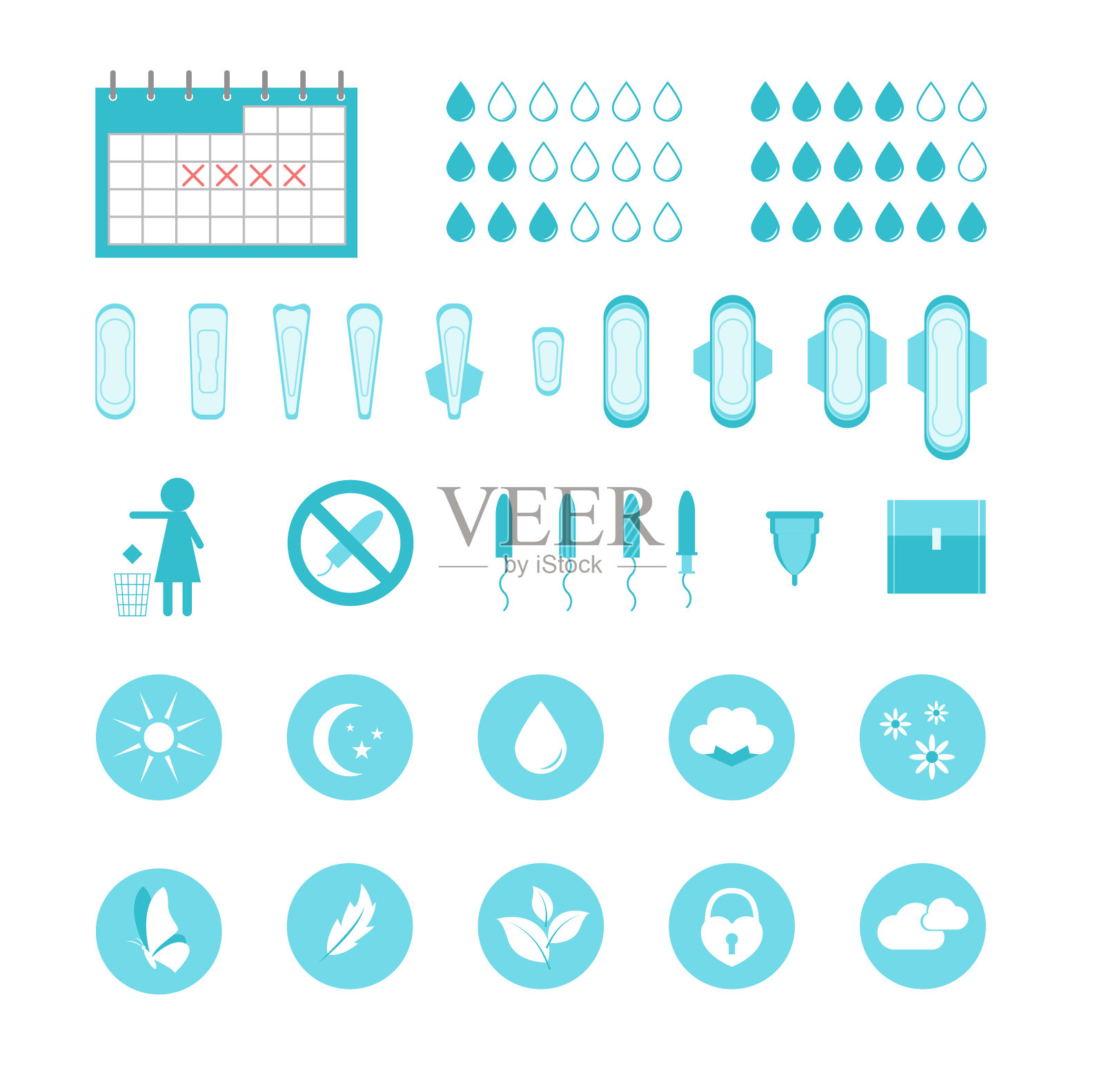 卡通女性卫生用品图标集。向量图标素材