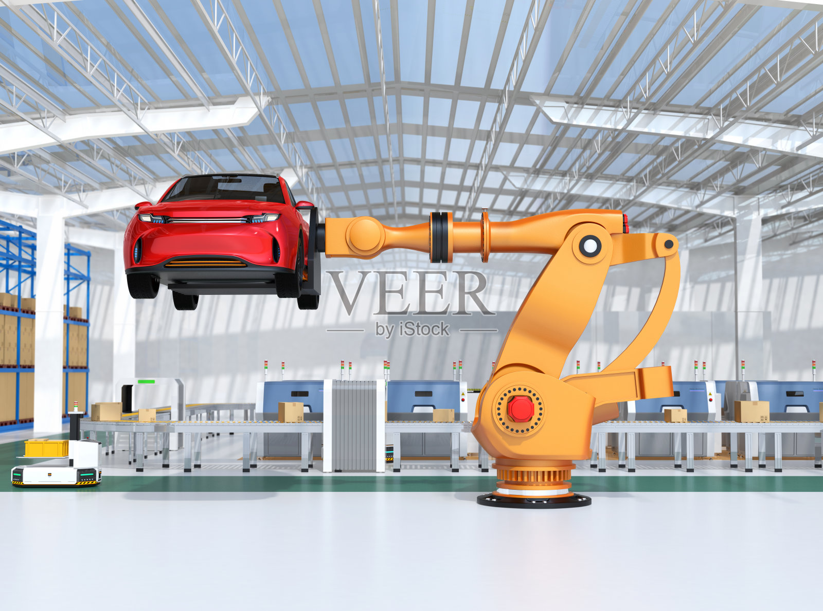 橙色重量级机器人手臂携带红色SUV在装配工厂照片摄影图片